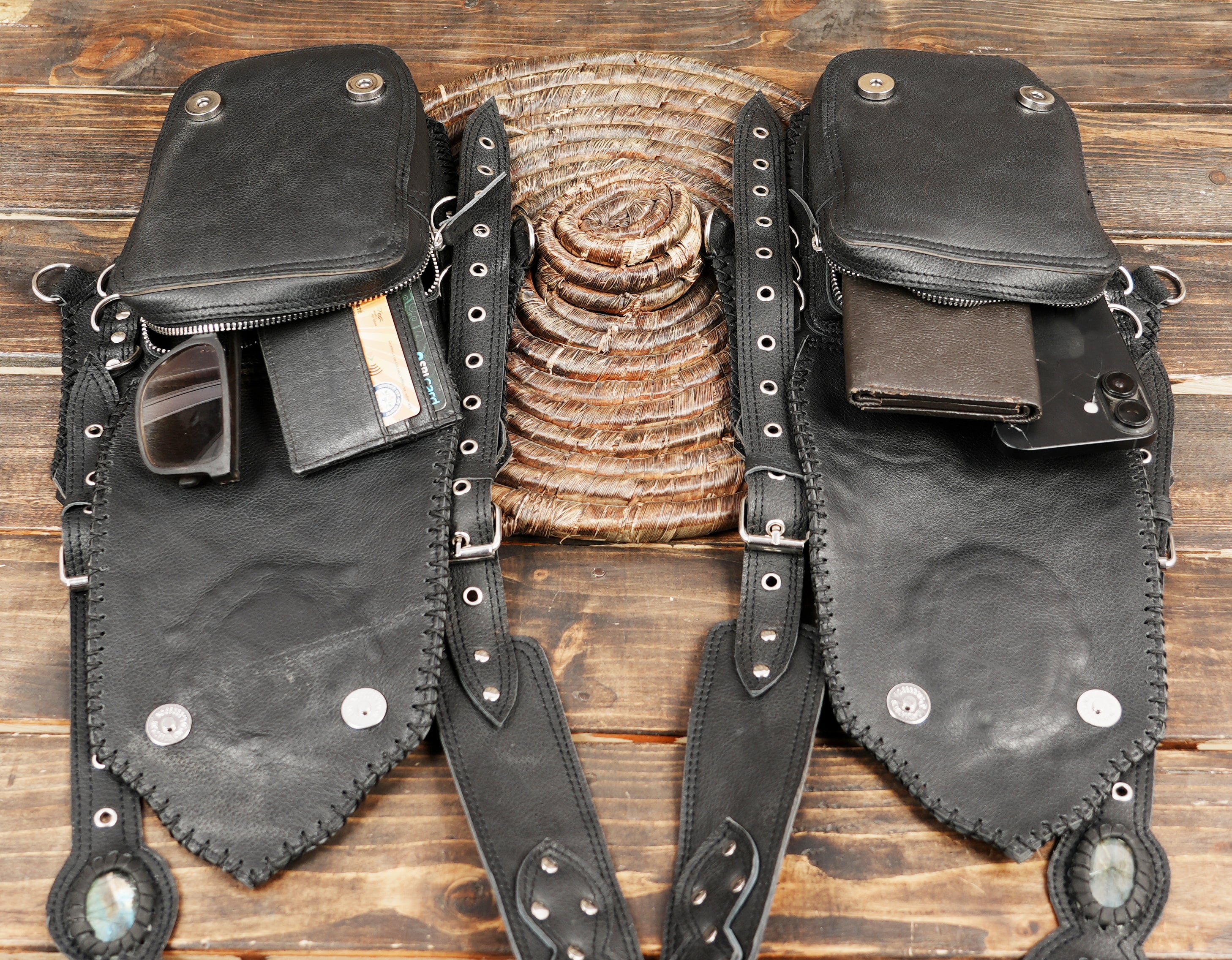 Cosplay leather shoulder harness with geometric embossed design and stones