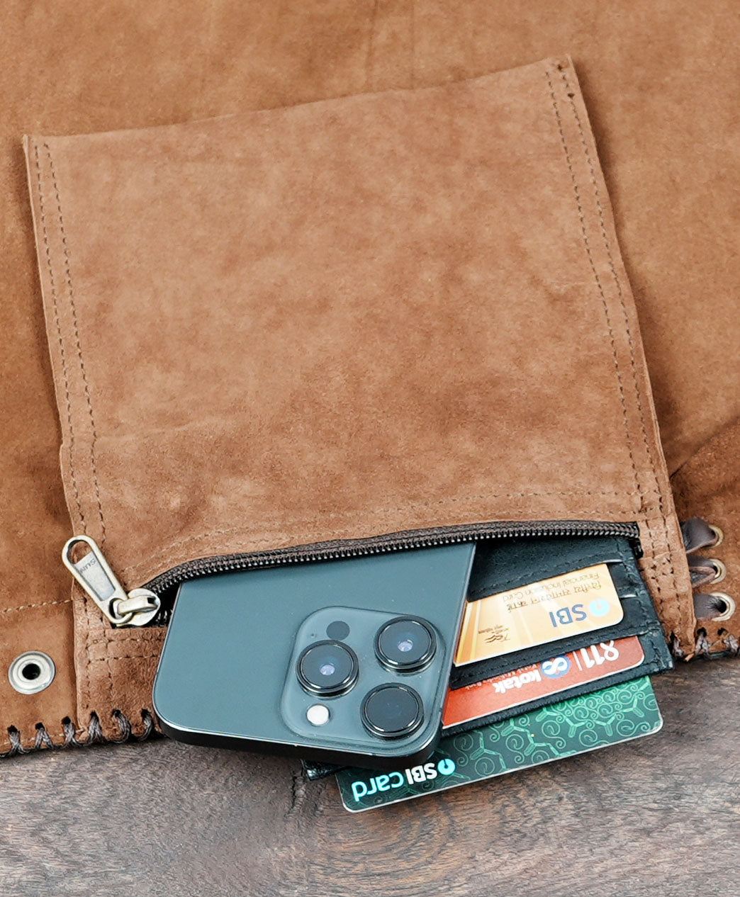 One-of-a-kind design combining earthy suede with elegant gemstone accents