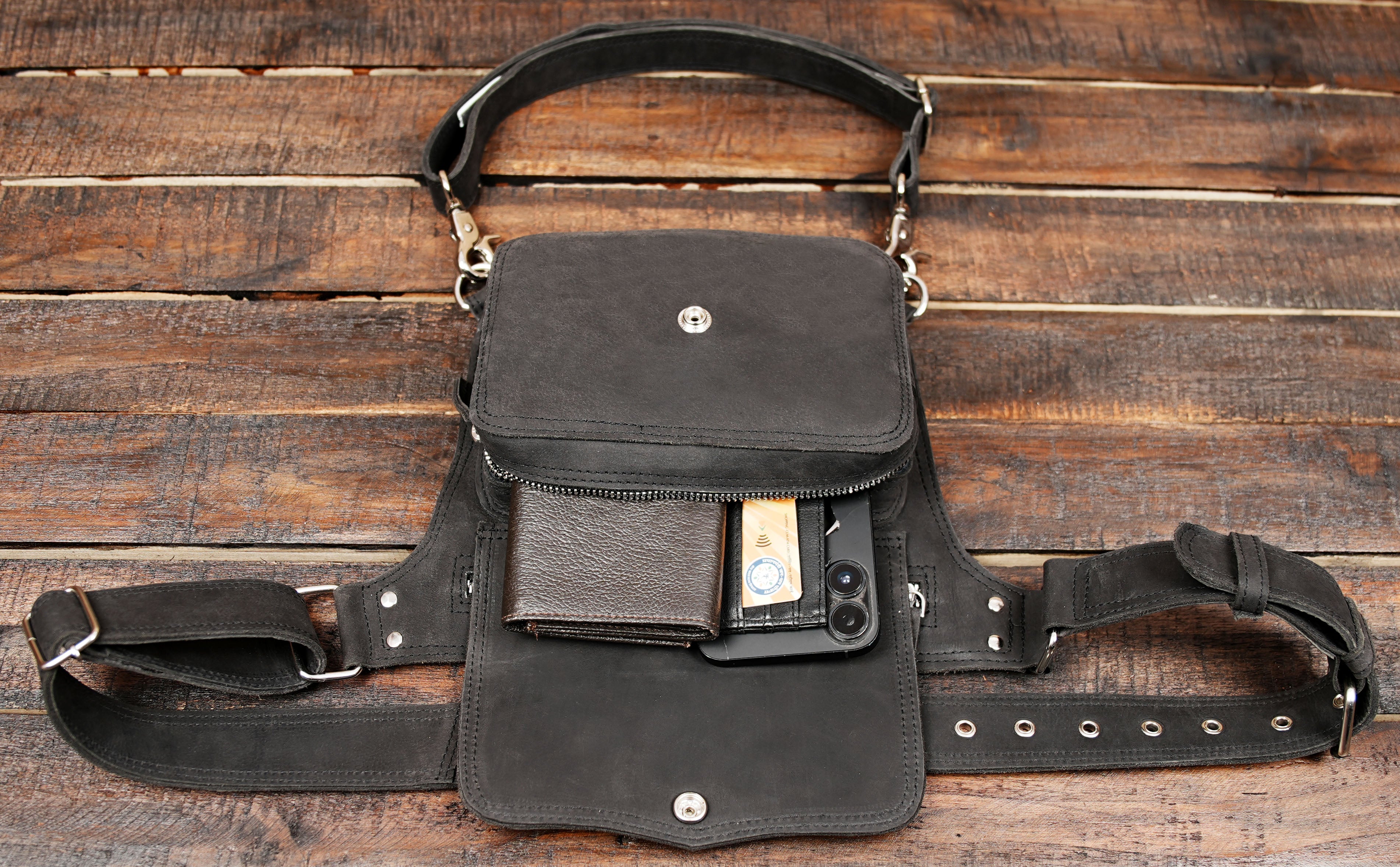 This Handmade Black Leather Waist & Thigh Belt combines style, comfort, and practicality in one unique accessory.