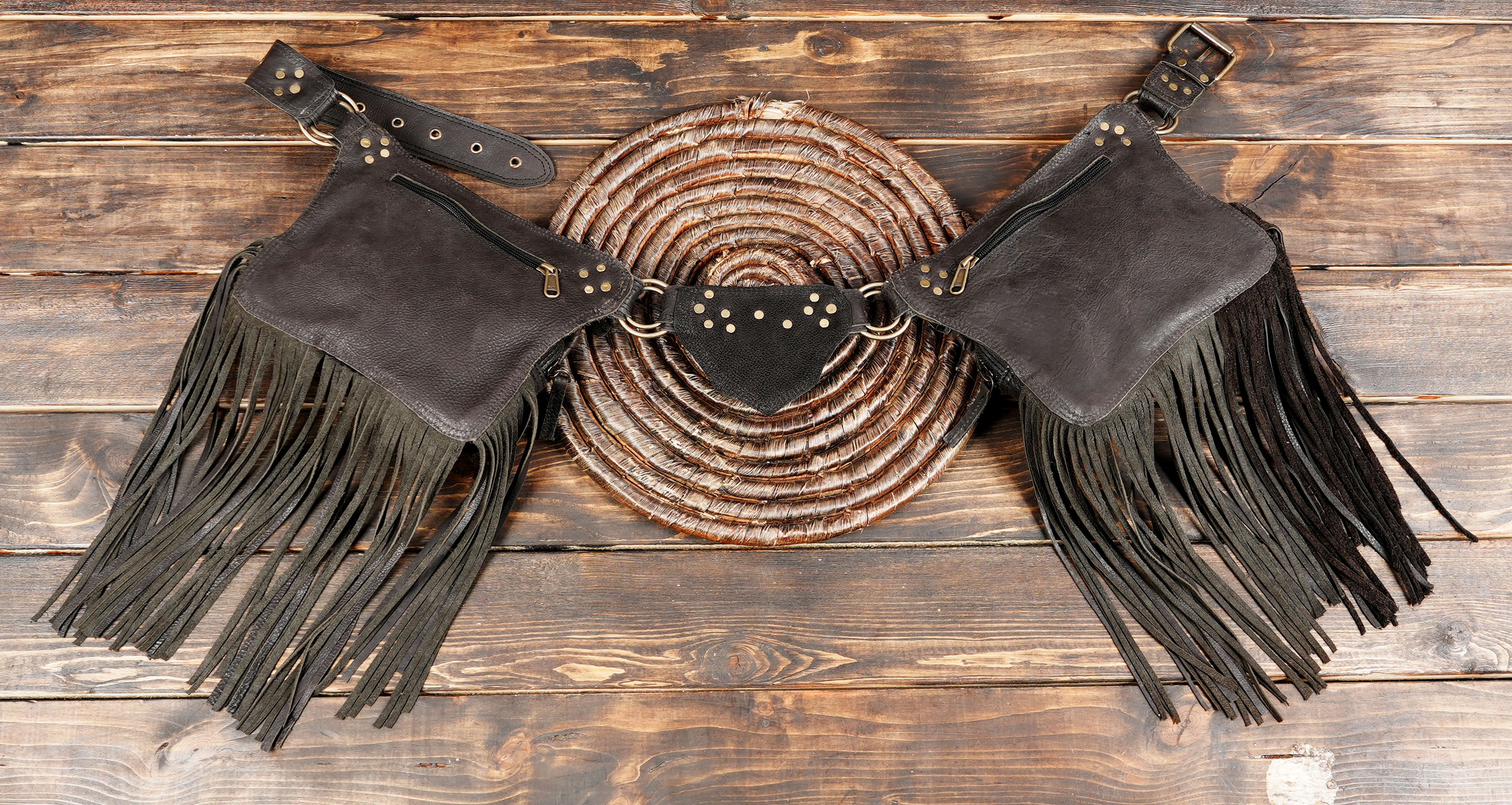 Leather Fringe Waist Bag: Boho Hip Belt with Pockets with back side zipper 