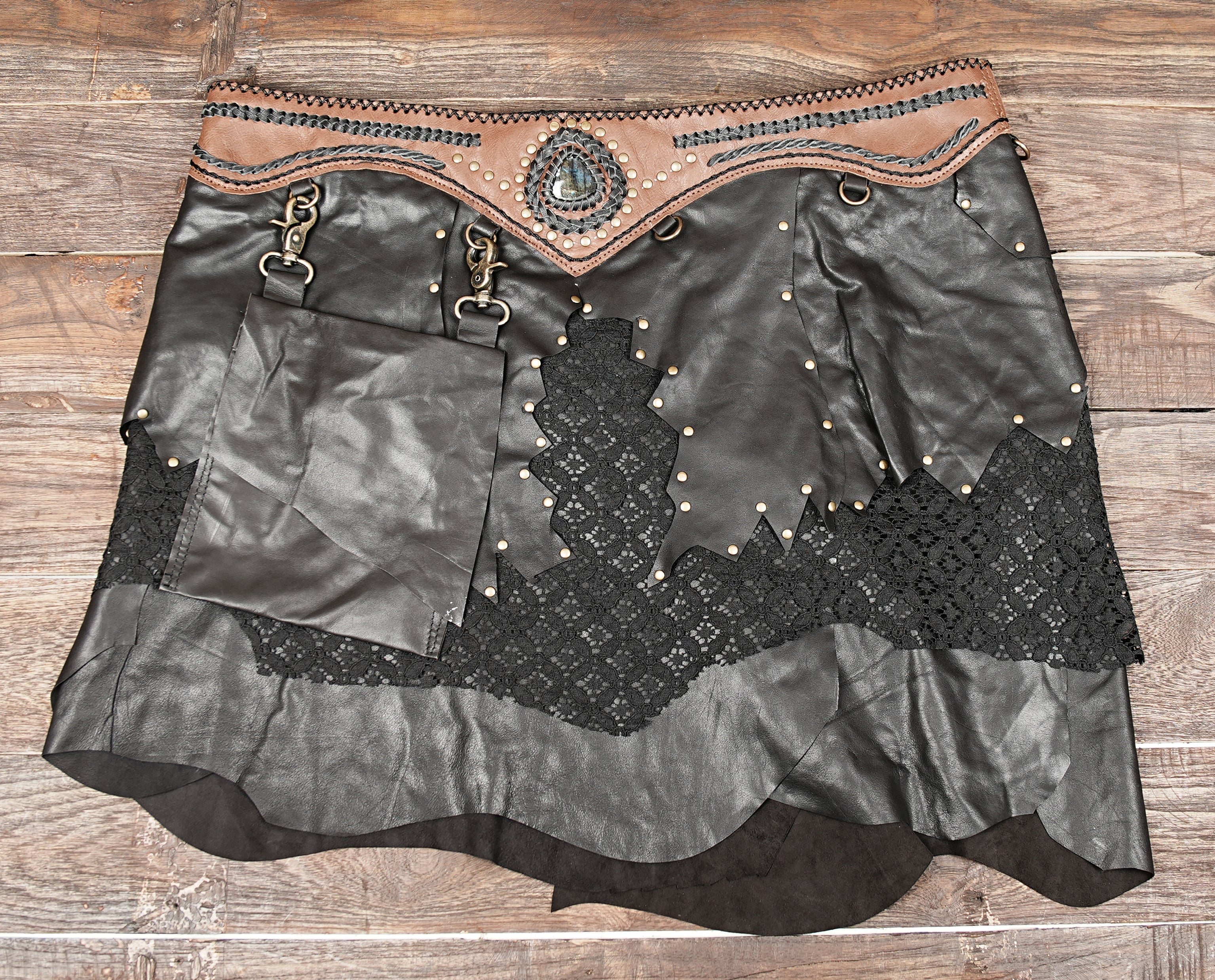 Handcrafted Suede Leather Skirt with Lace and Detachable Pouch || Fantasy Cosplay Leather Skirt with Gemstone Waistband (LT/AB/SKT/6011)