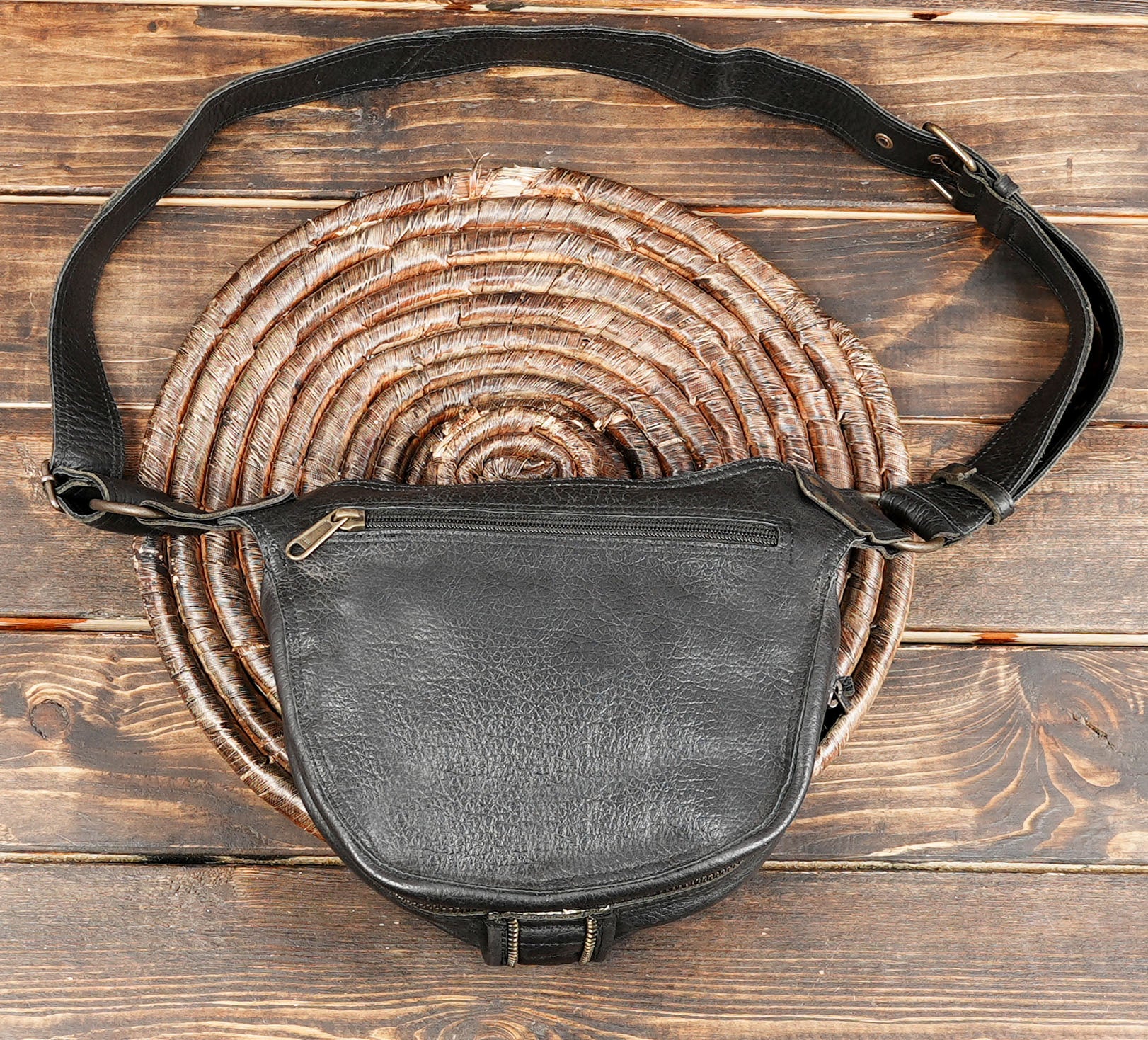 Bohemian-style gemstone belt bag with handmade stitching details