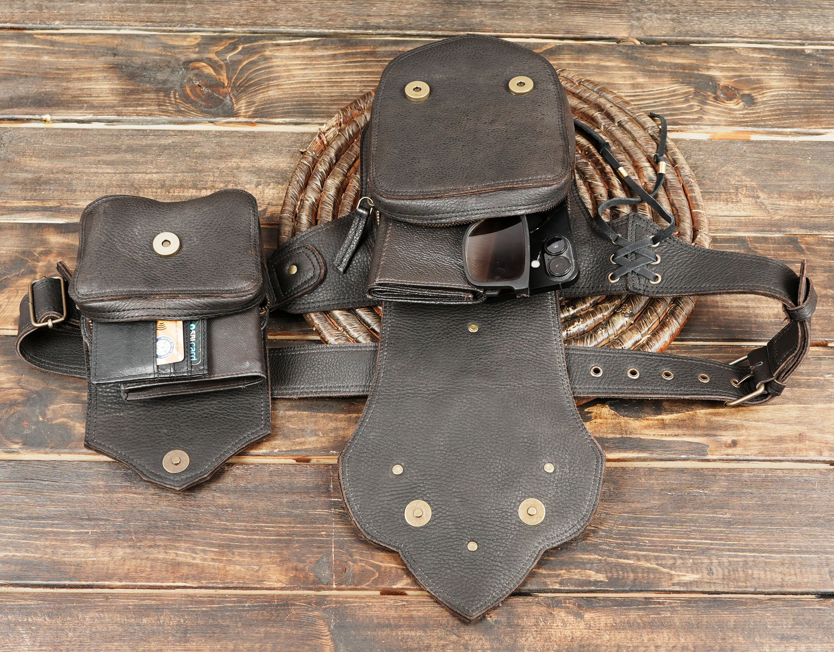  100% Leather Waist Bag - Black Utility Belt Pouch with Free Size Fit and Adjustable Strap for both men and women 