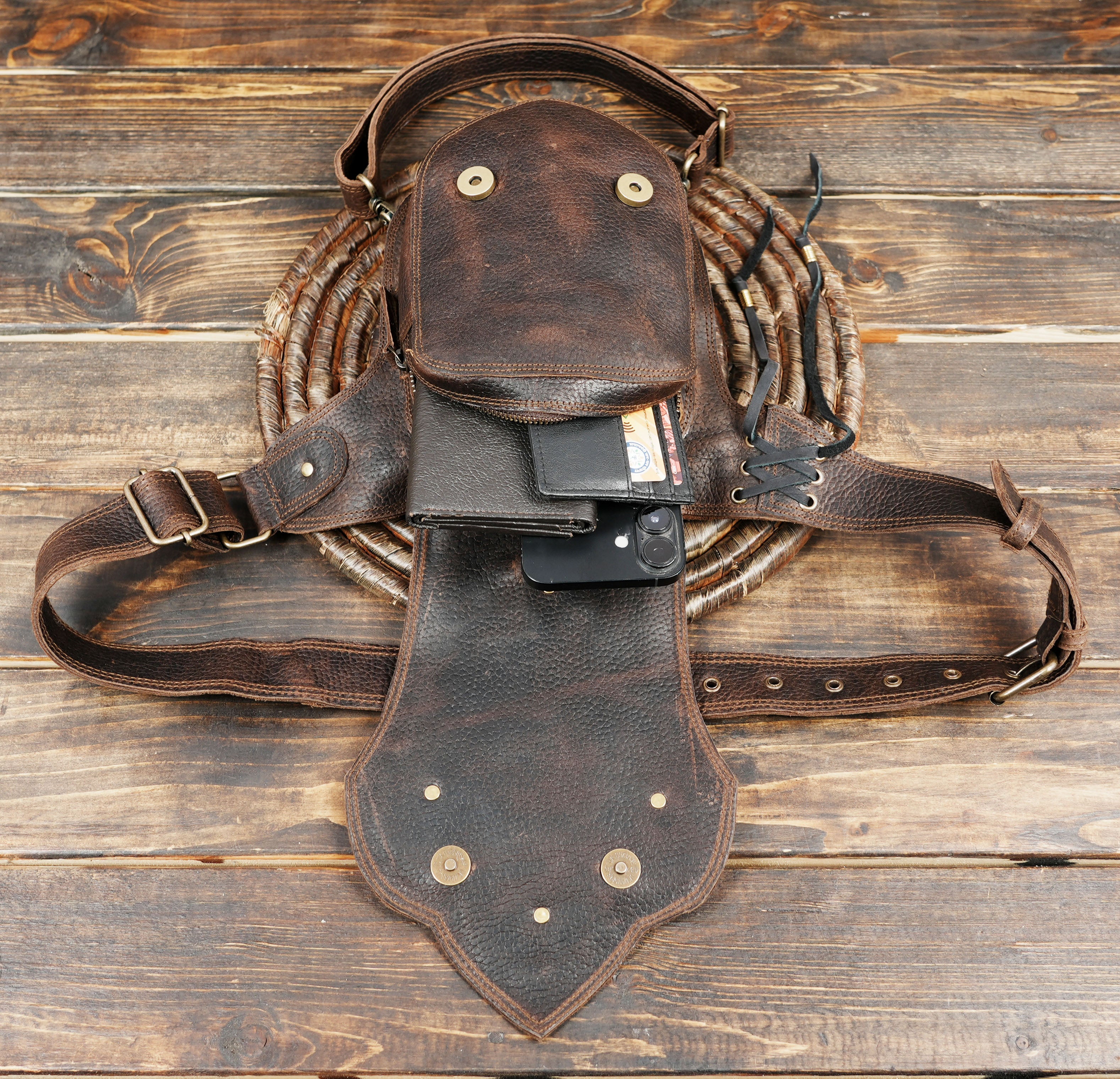 Festival-ready leather fanny pack with gemstone and rustic brown tones