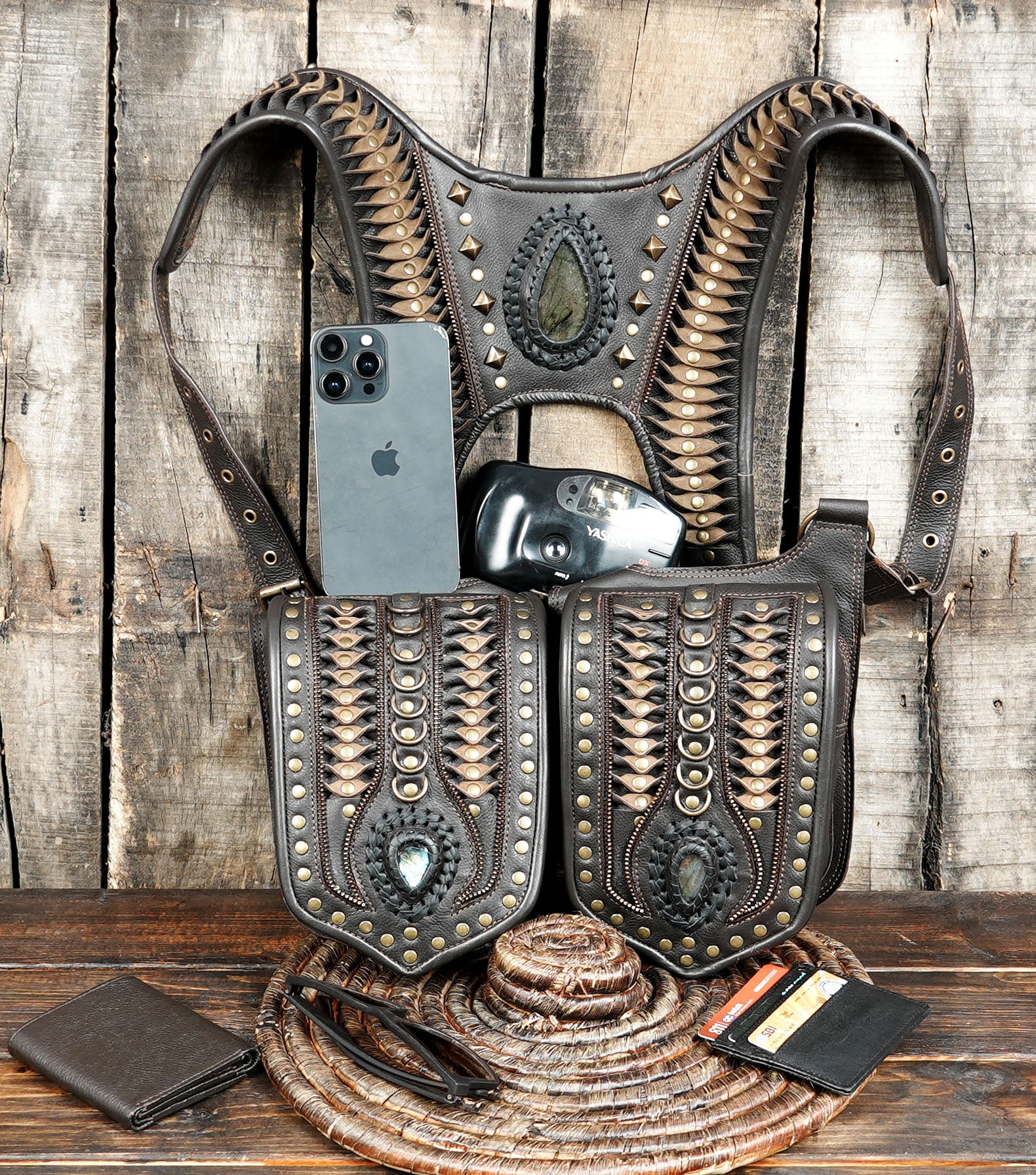 Rustic handmade leather festival bag for bikers and travelers