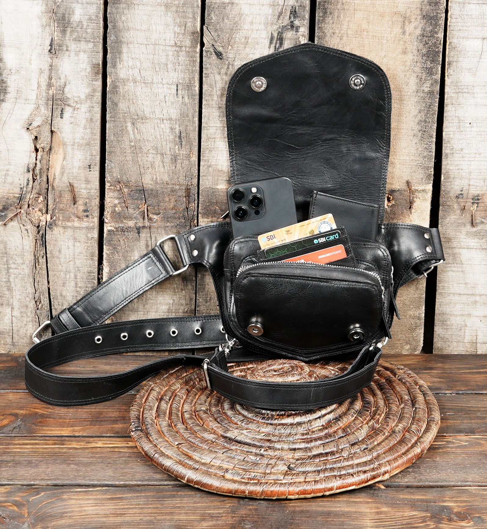 Handcrafted Leather Holster Bag – Dual Pouch, Adjustable Straps, Unisex put many small thinks 