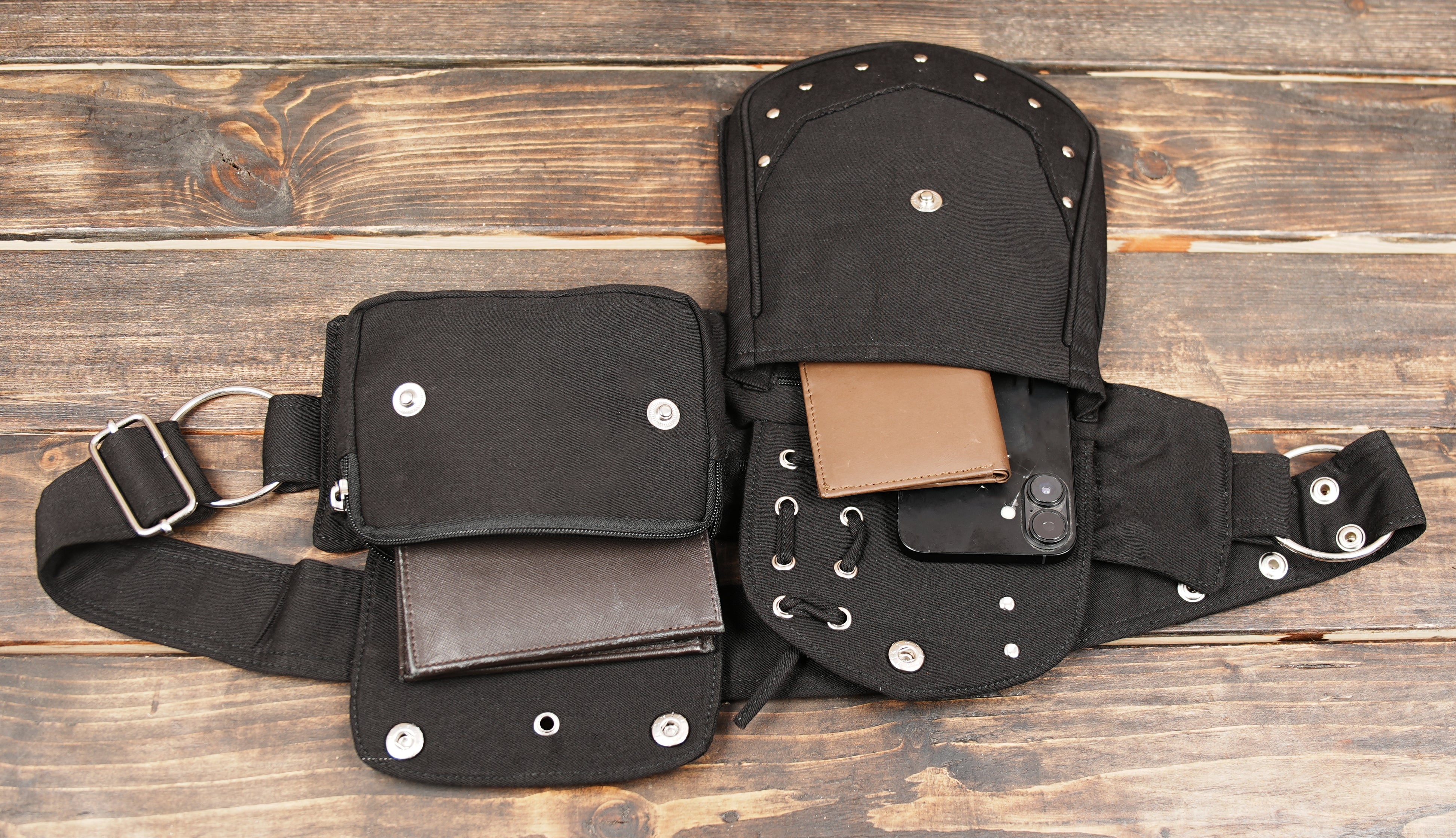 Black cotton waist bag styled on festival outfit