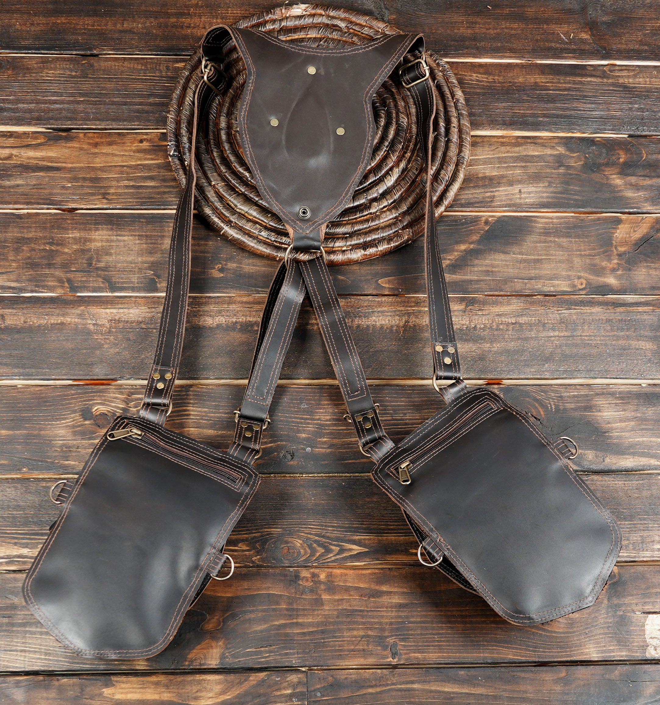 Buy Handmade Leather Holster Belt With Dual Utility Pouches with back side zipper 