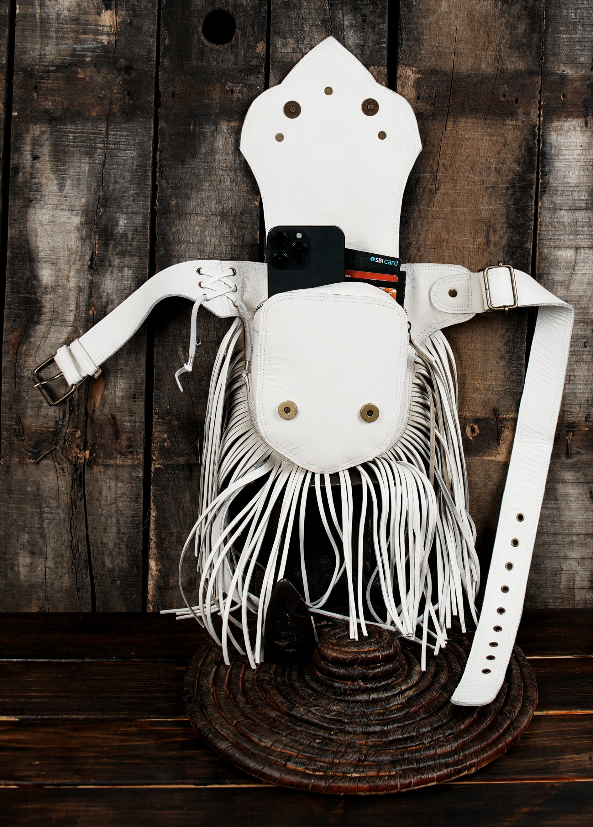 Leather fringe hip bag for festivals with gemstone decoration