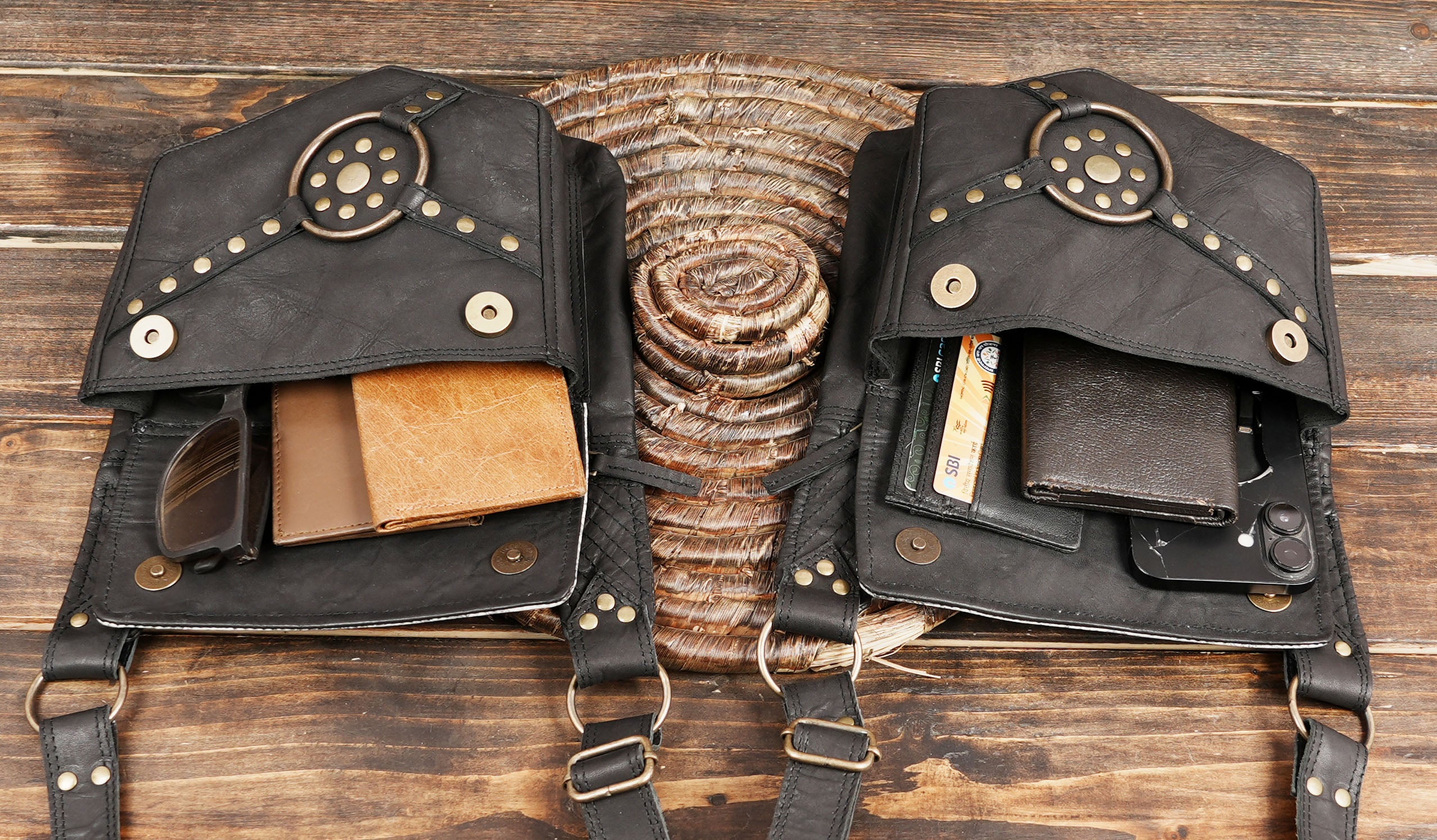 Handmade dual pouch harness belt with snakeskin details and secure zippers.