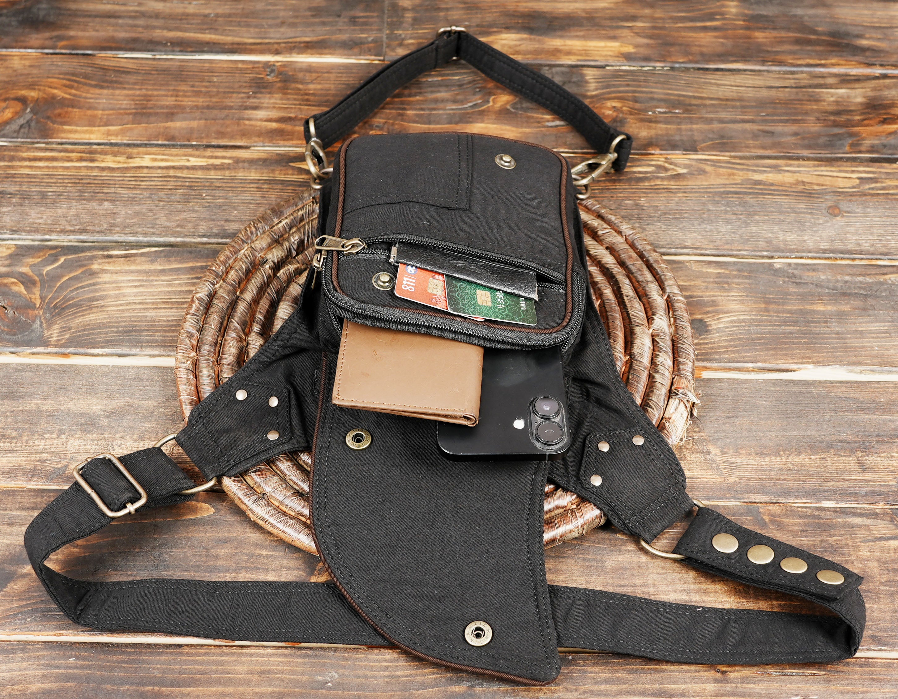 Black utility belt bag for travel and outdoor use