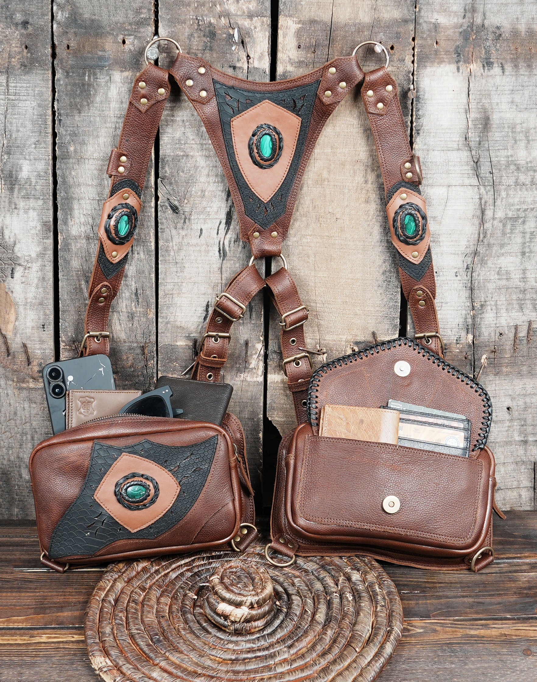 Handmade Black Leather Fringe Waist Bag: Labradorite Gemstone Belt Pouch