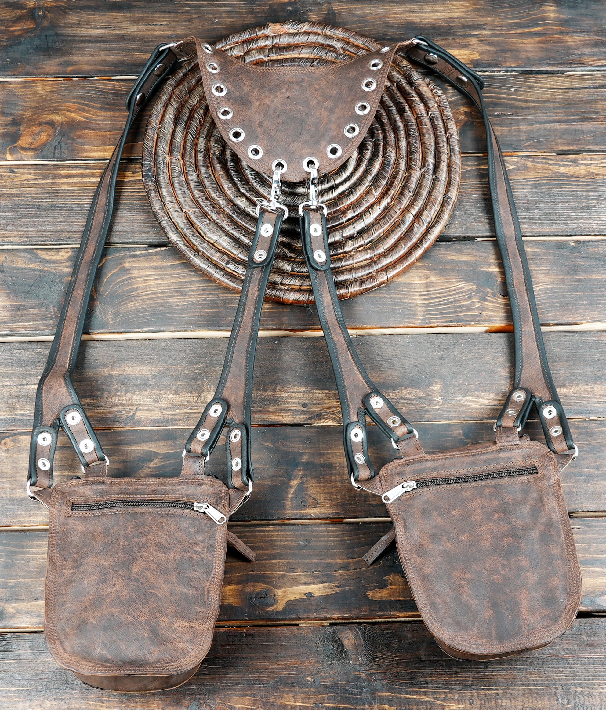 Leather Holster Belt with Double Pockets, Leather Holster Bag with Labradorite Stones, Utility Holster Bag, Boho Bag, with silver steel star 