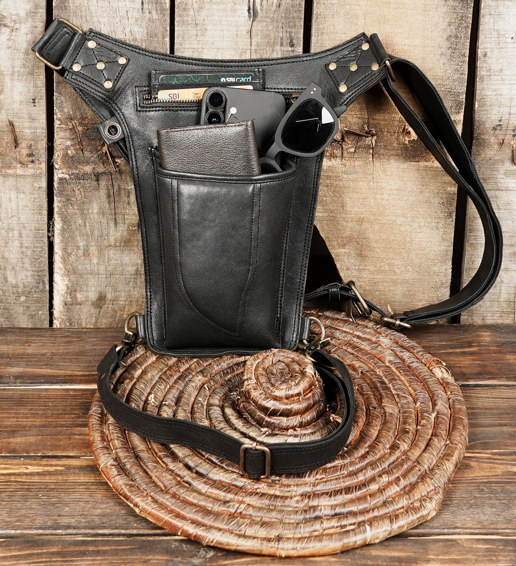 Handmade Leather Thigh Holster Belt – Adjustable Waist Bag with Pocket for Burning Man, Tribal & Boho Style