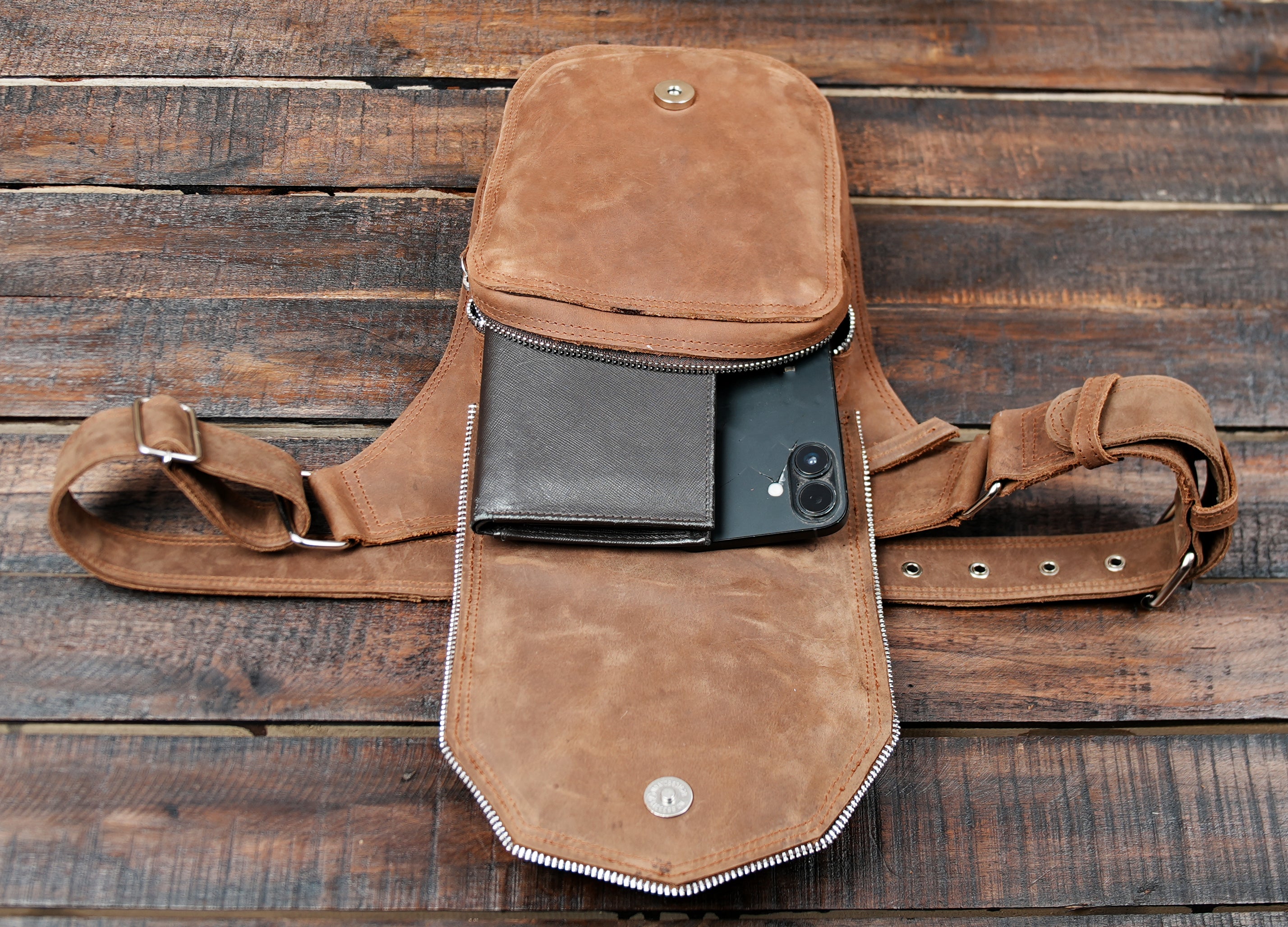 Handmade brown leather waist holster belt with studded pouch,