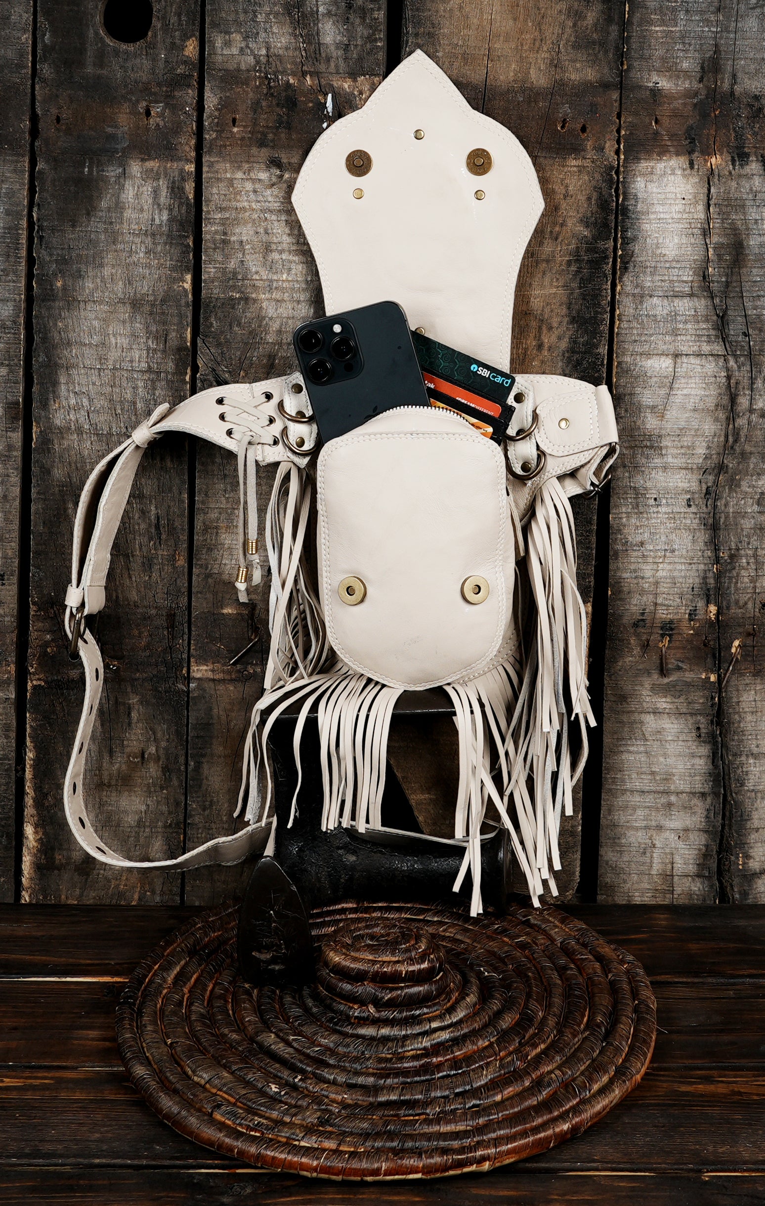 Handmade artisan fringe belt bag with gemstone accent