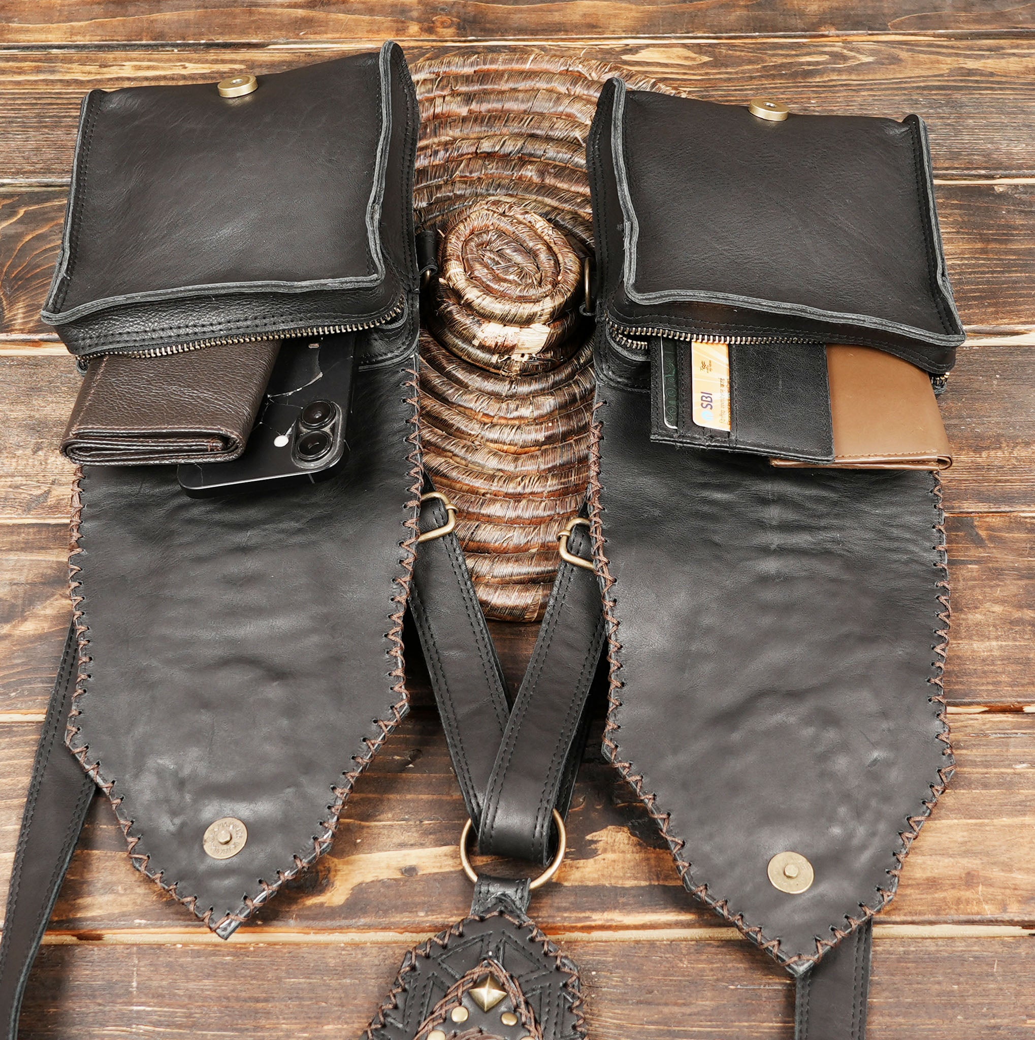 Cosplay leather body harness with two storage pouches