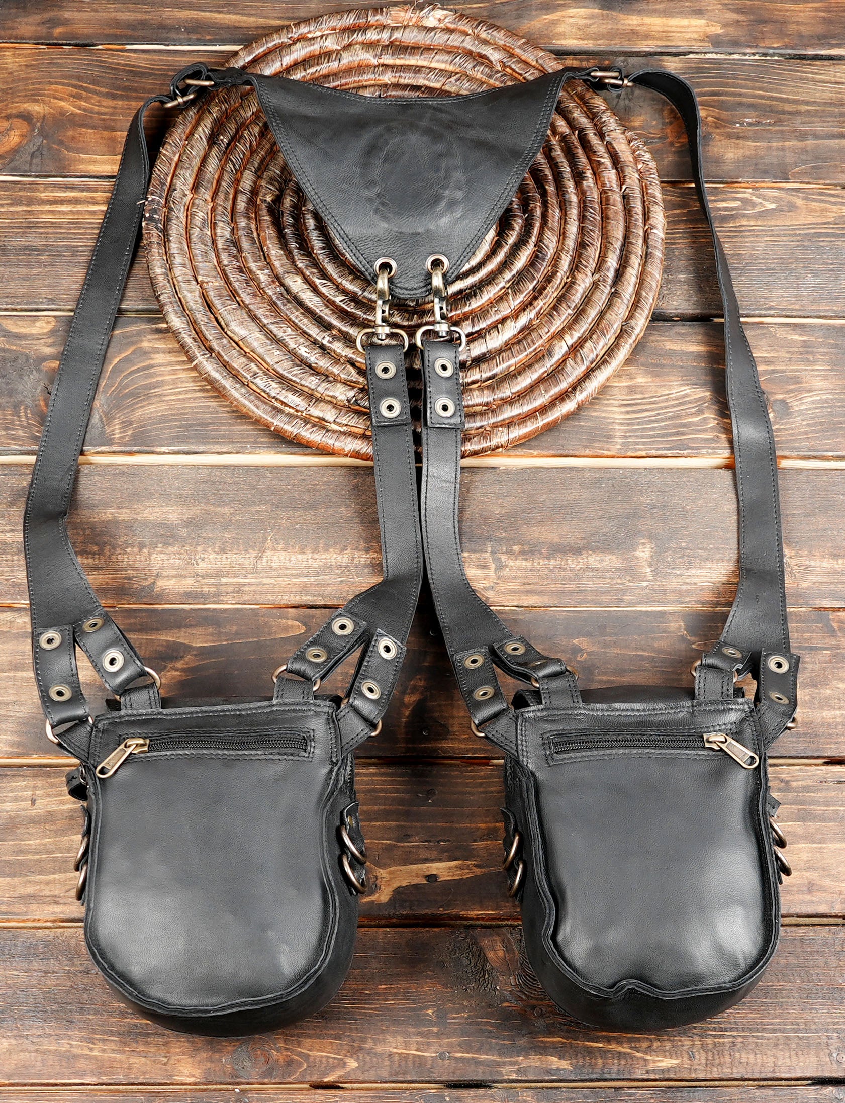 Handcrafted Leather Holster Bag – Dual Pouch, Adjustable Straps, Unisex and back side zipper 