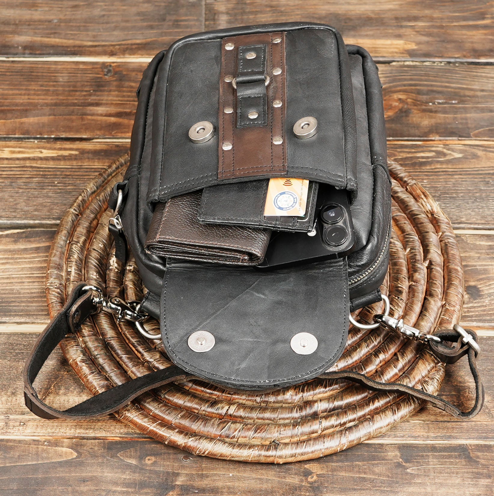 Handmade leather travel pouch for phone and wallet