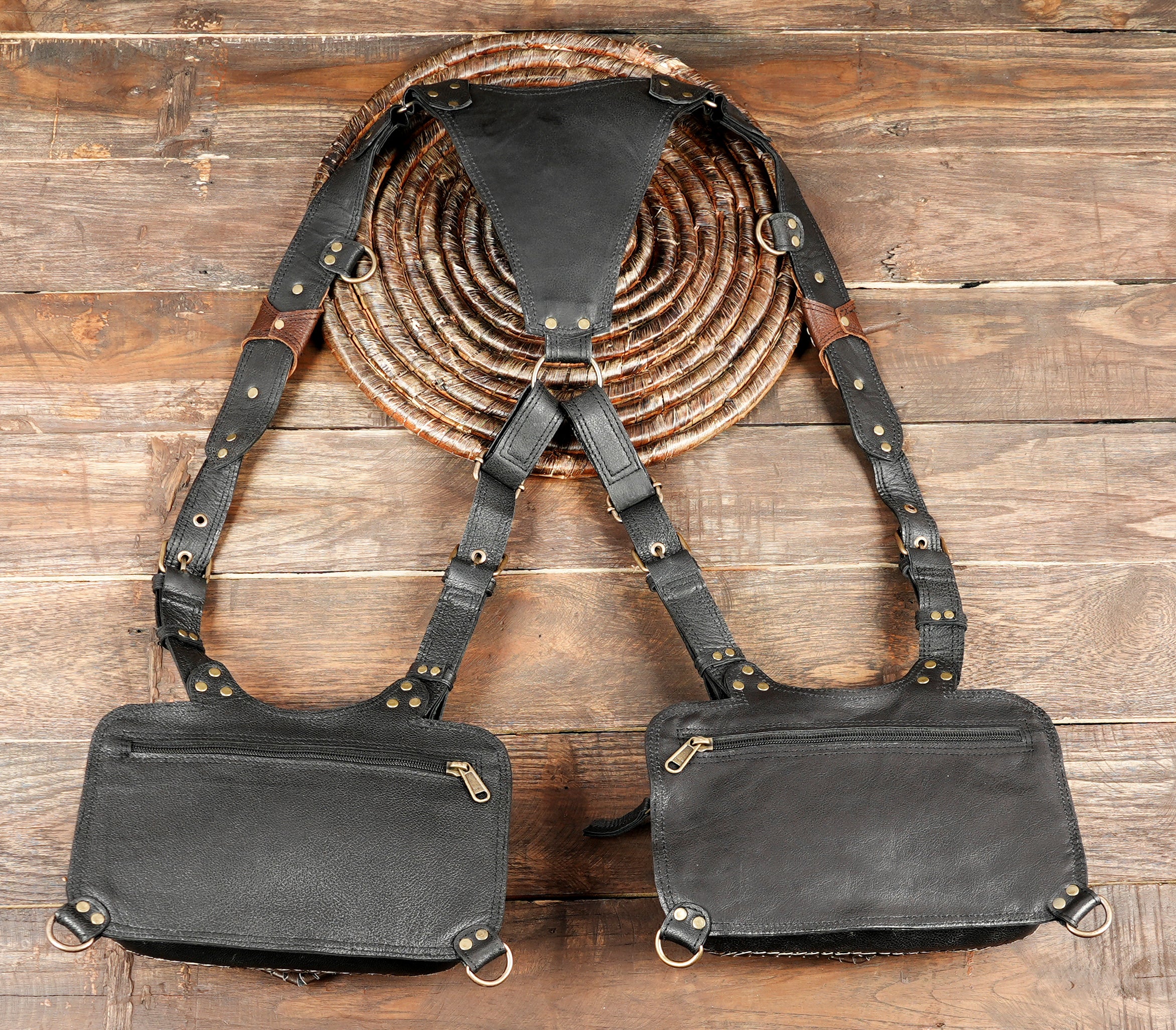 Gothic festival leather bag with gemstone and braided trim