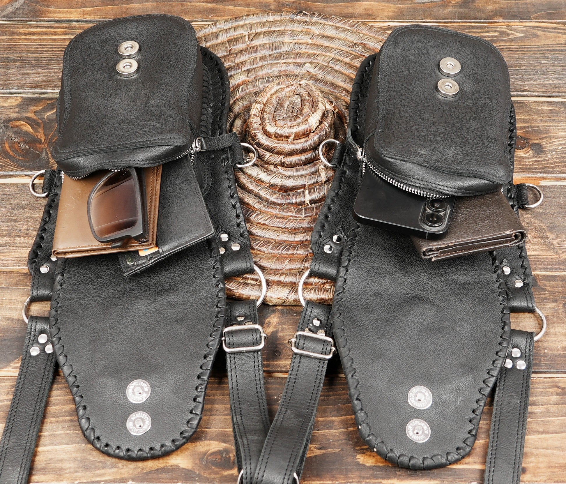 Gothic dark leather holster with braided stitching and stone centerpiece