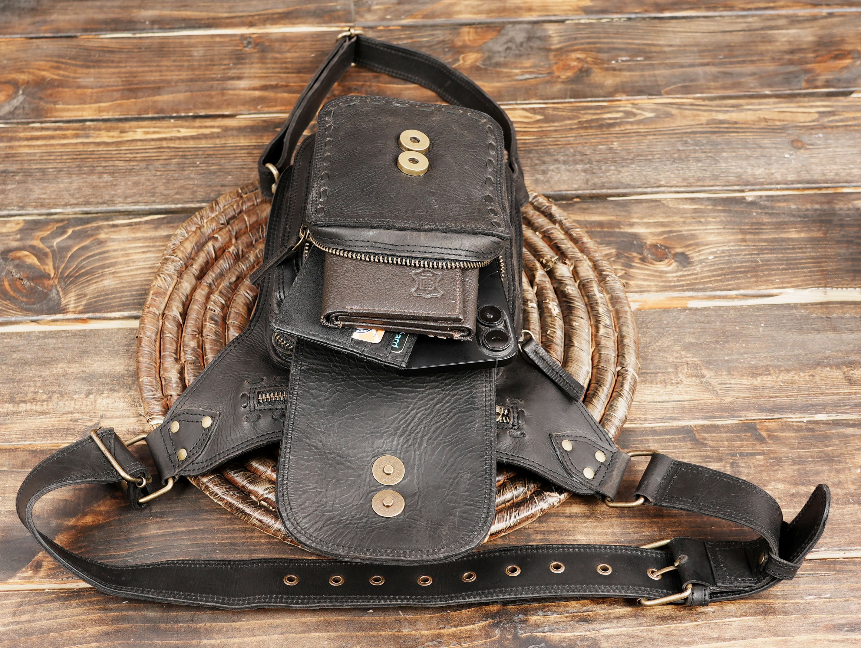 Handmade Black Leather Waist Thigh Belt with Zipper Pouch | Steampunk Leather Thigh Bag| Festival Waist Belt for Unisex (LT/AB/WBTS/6020)