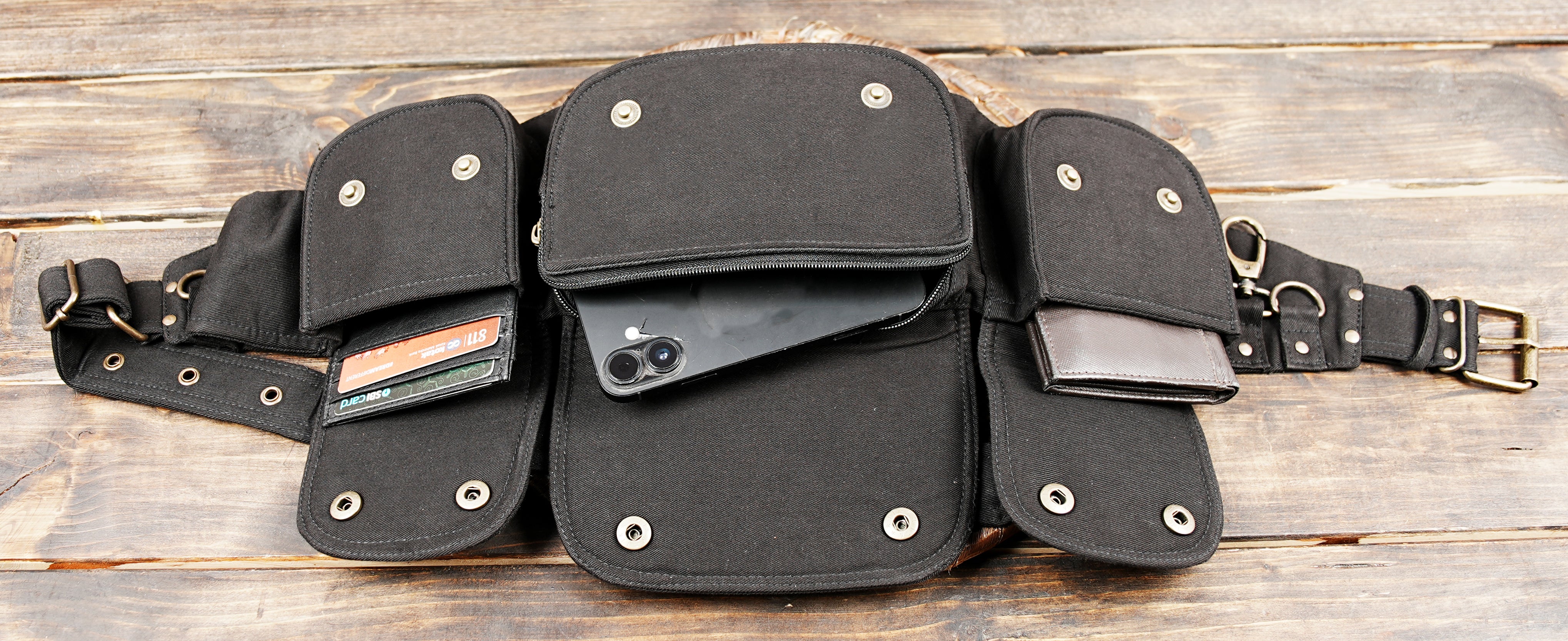 Unisex multi-pocket utility pouch worn as a belt bag