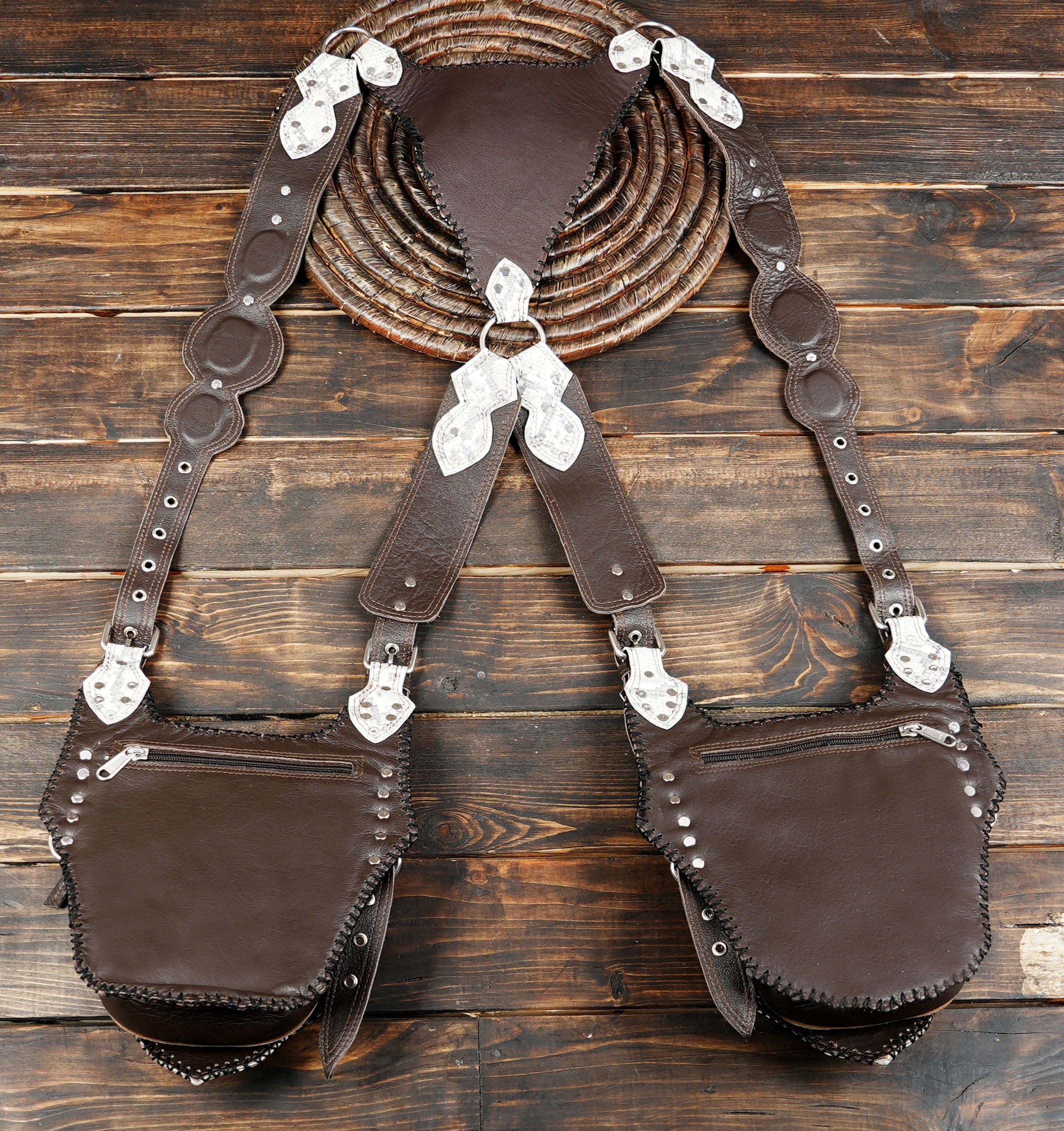 Tribal-style leather utility belt bag for festivals or concerts with back side zipper 