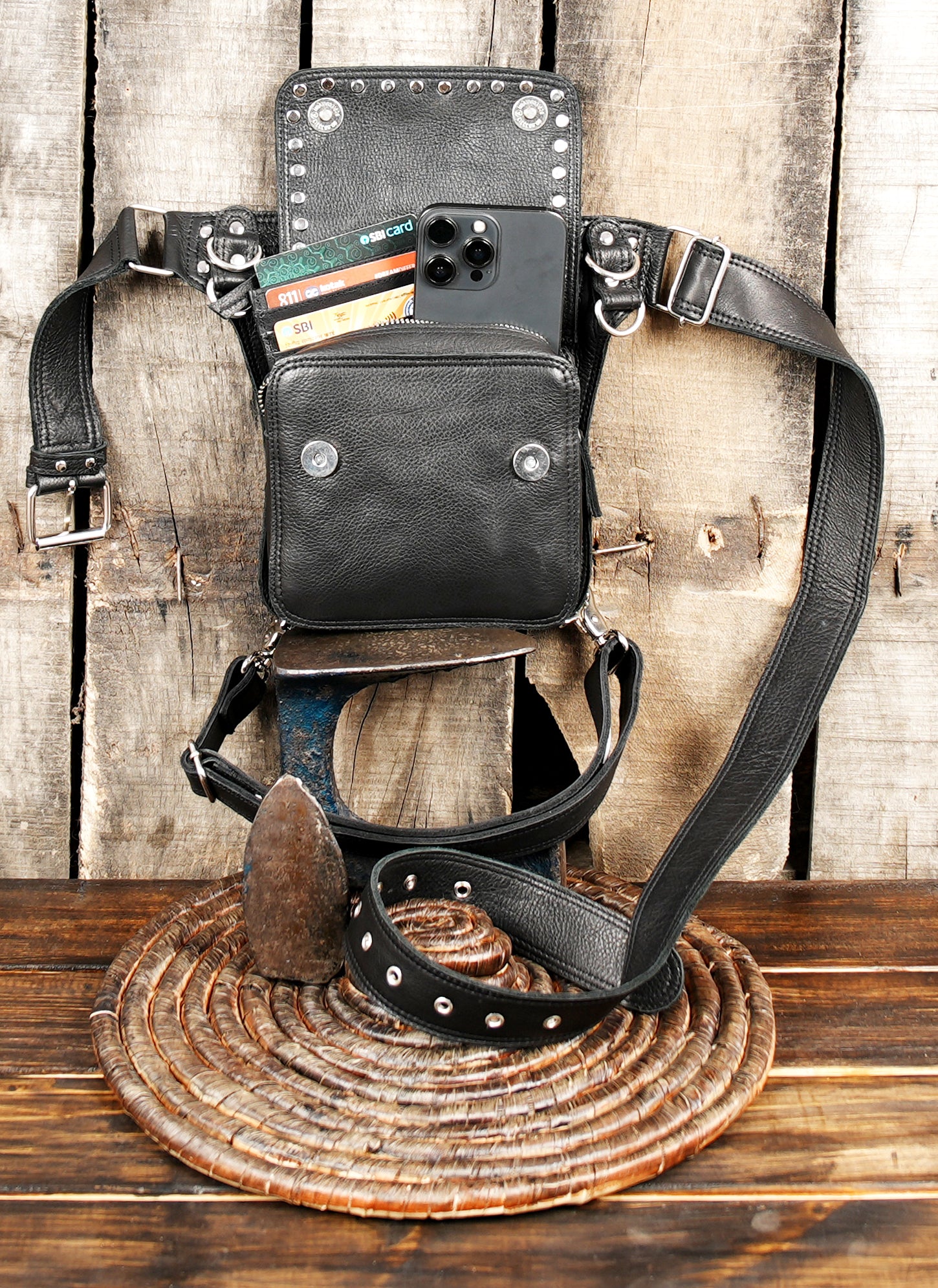 Gothic black leather utility bag with waist belt and thigh harness