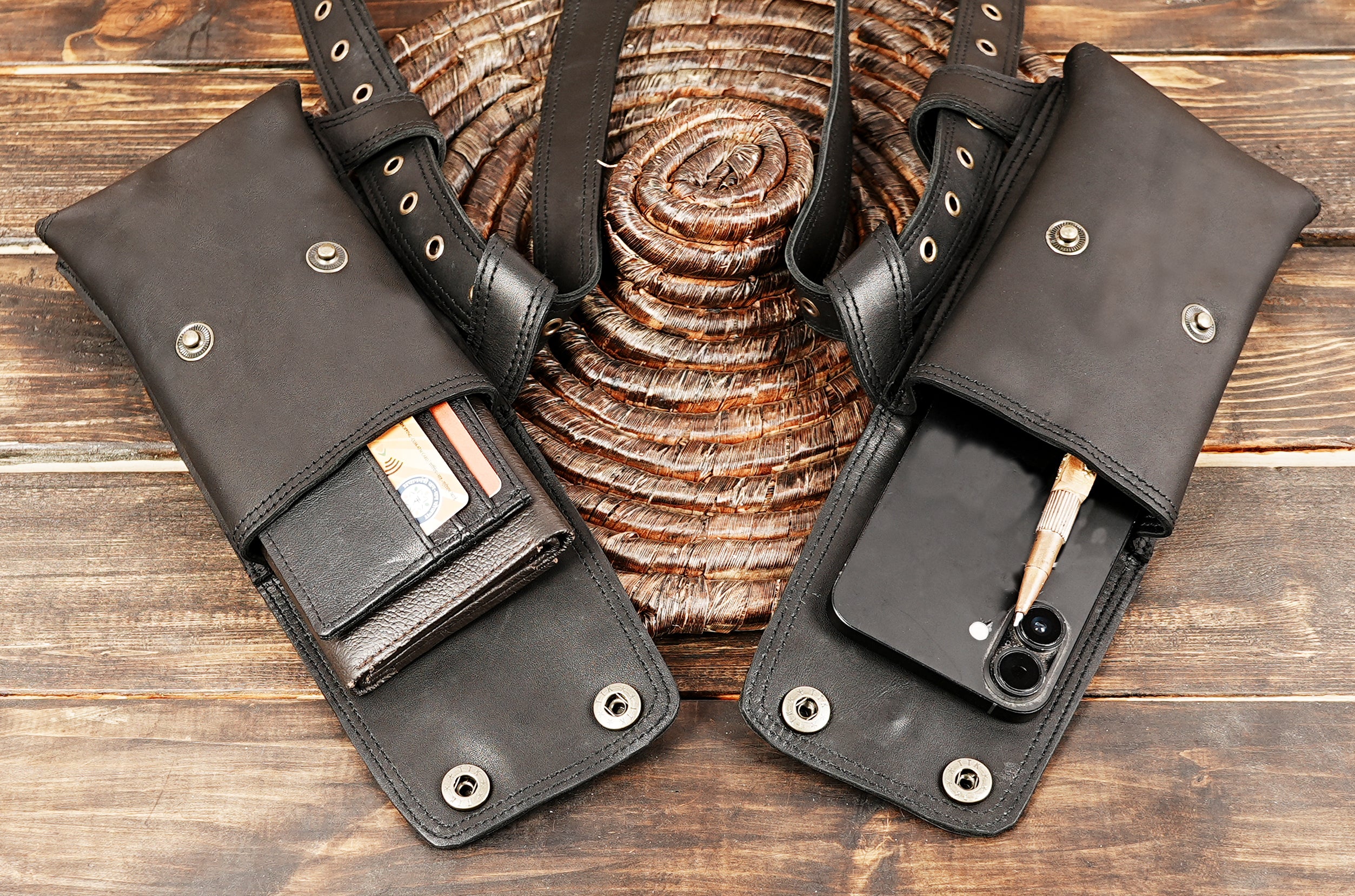 Handcrafted Leather Holster Bag – Dual Pouch, Adjustable Straps, Unisex for men and women 