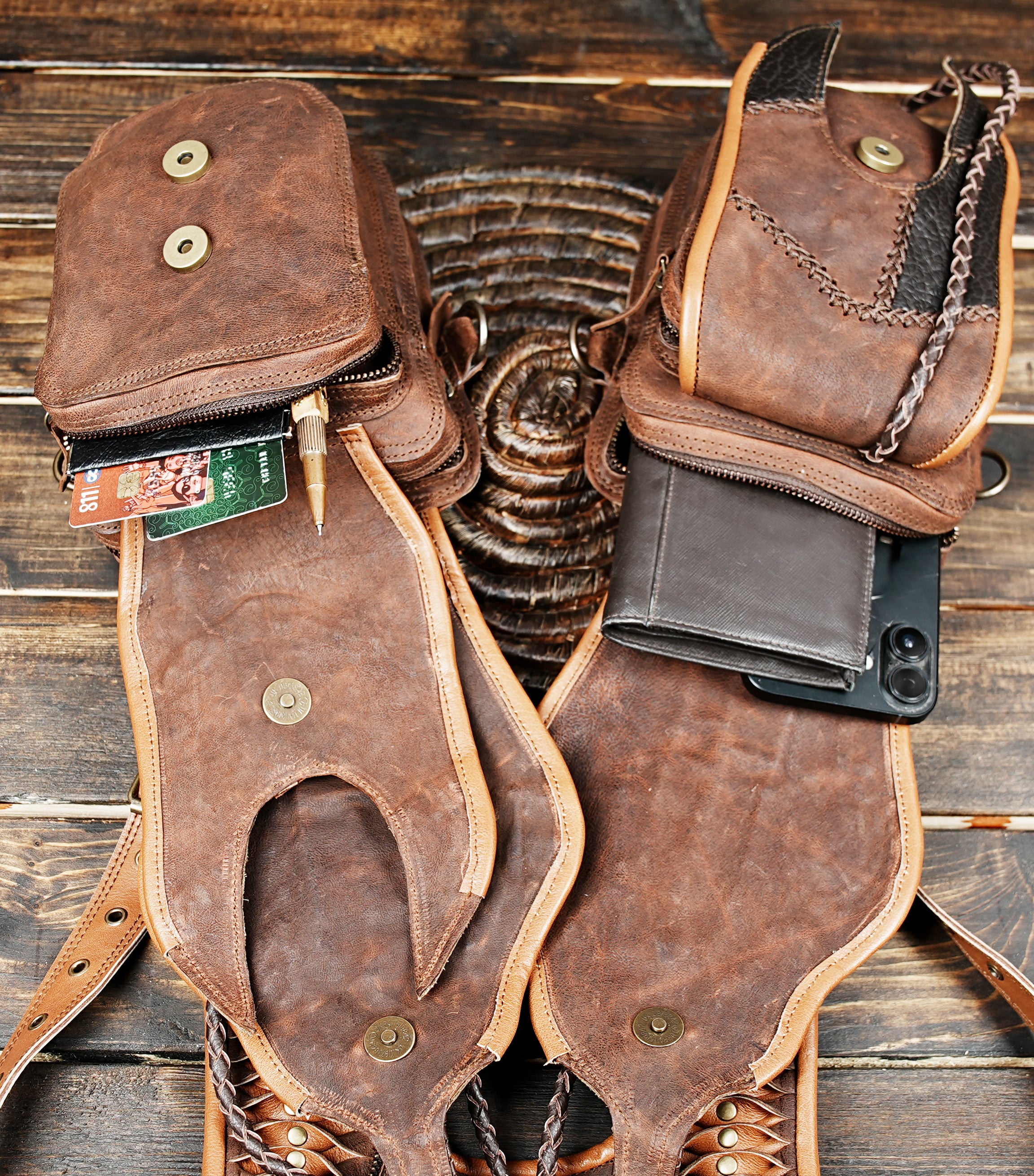 Harness Double Side Shoulder Bag In Black 100% Leather holster 