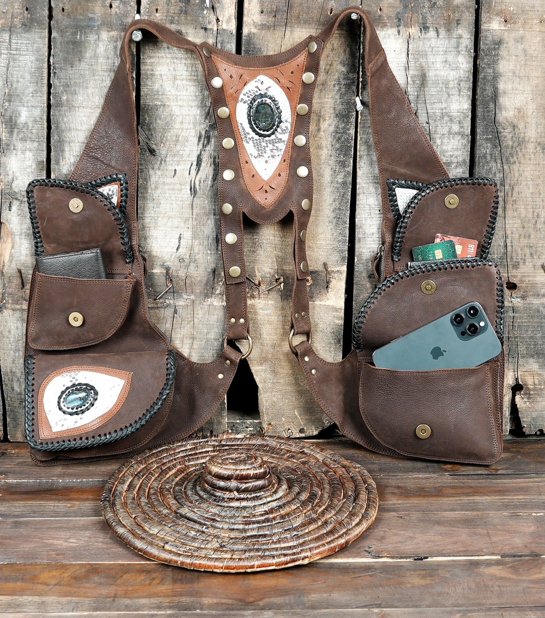Leather Holster Bag, festival shoulder holster, pocket bags, circus costume, steampunk accessories, utility bag crossbody bag leather with 3 poches 