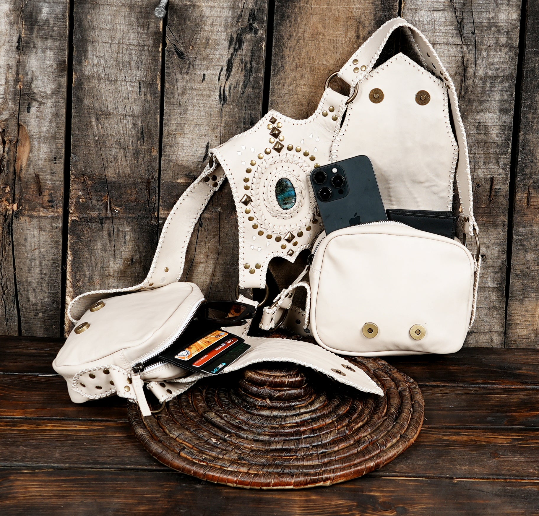 White boho holster harness bag with gemstone inlay