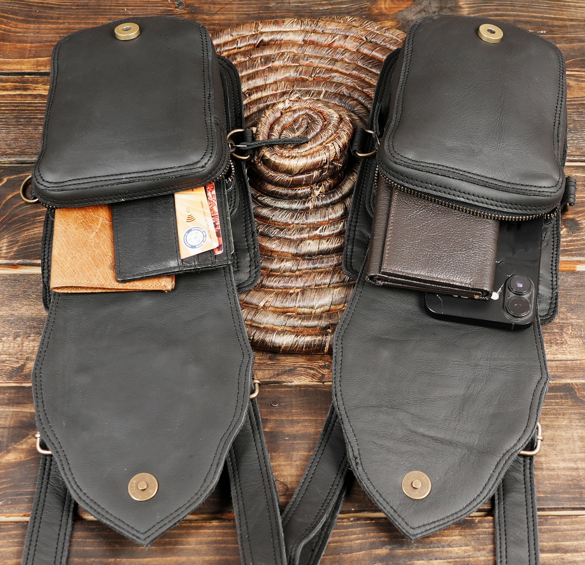 Black Suede Leather Double Side Shoulder Harness Bag