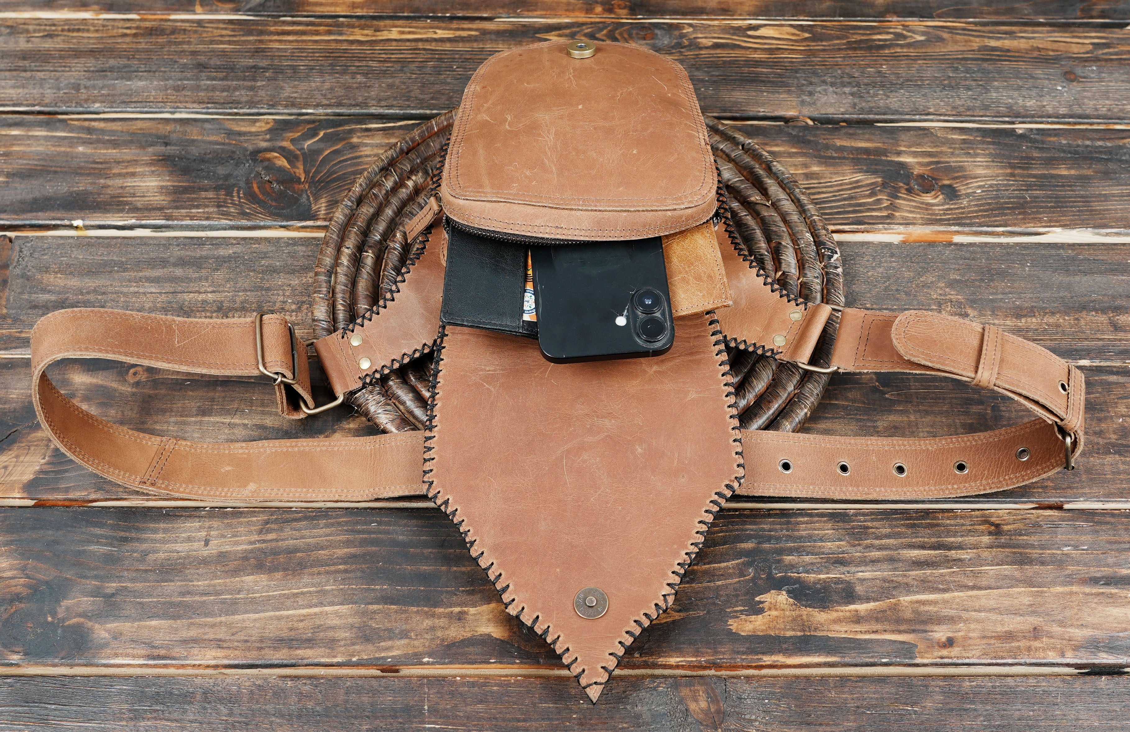 Bohemian festival belt bag with antique brass studs