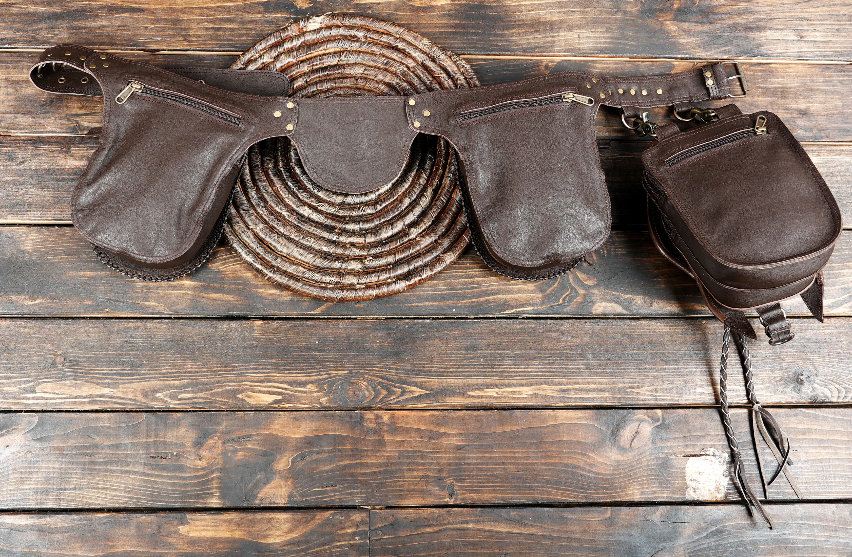 Handmade Leather Waist Pouch: Gemstone Steampunk Festival Belt Bag back side zipper 