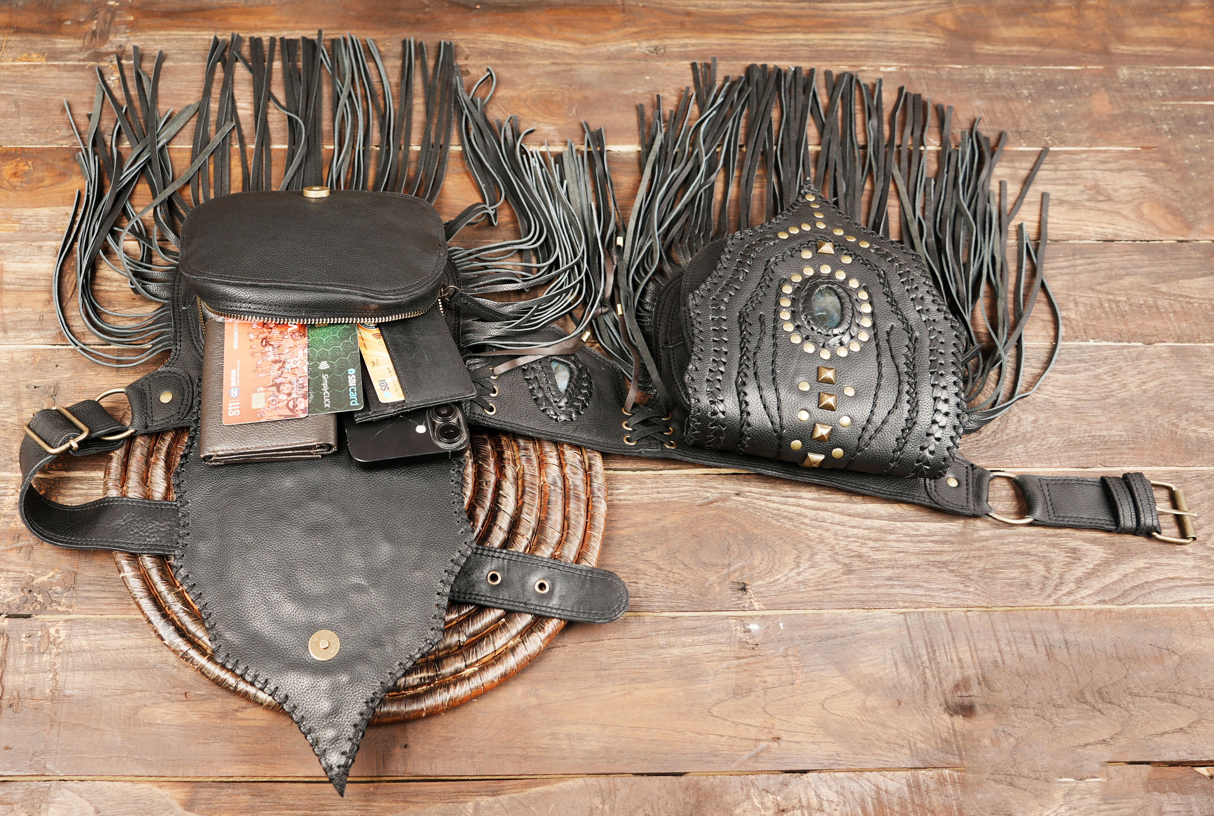 Tribal-inspired boho leather waist bag with studs