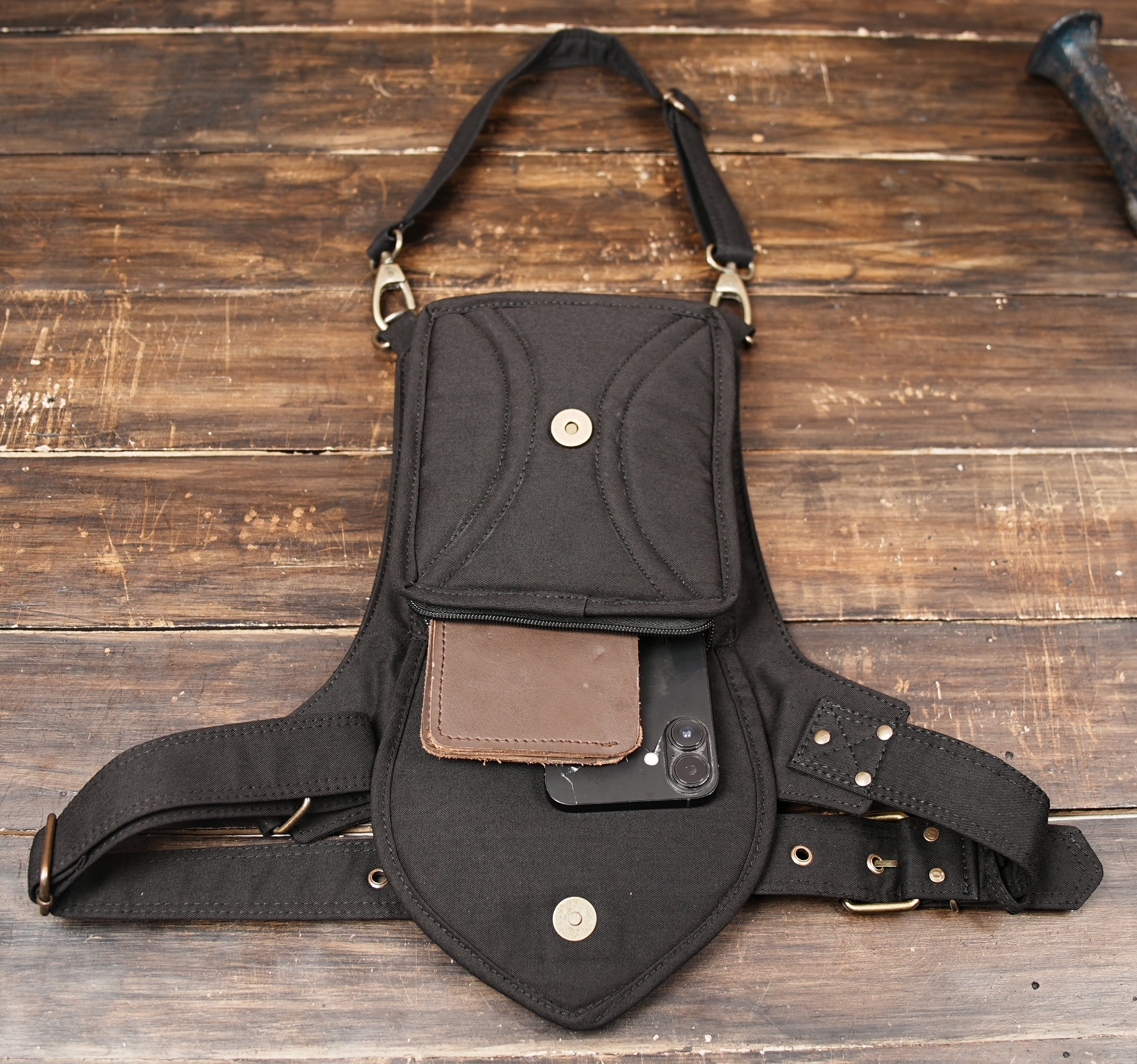 Durable cotton waist and thigh pouch for hands-free storage and style.