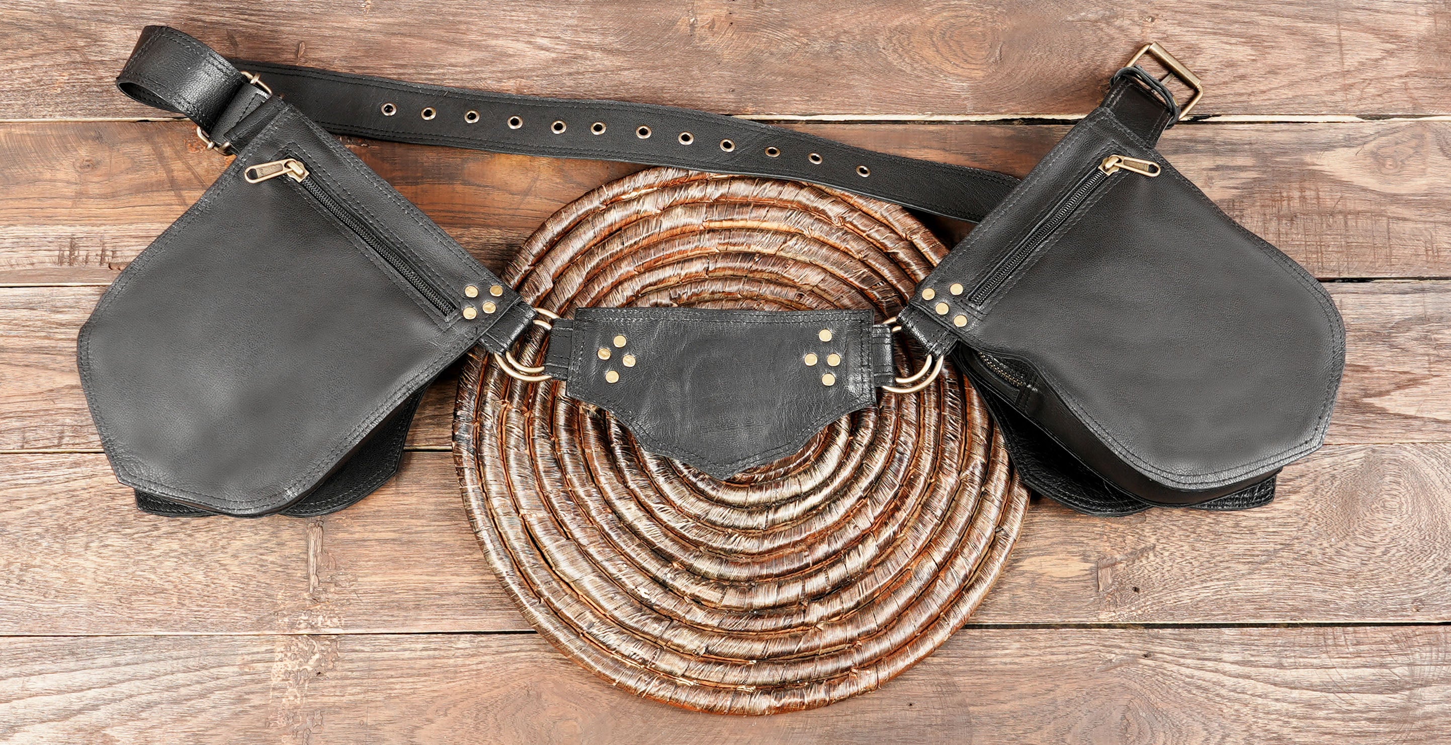 Western cowgirl leather fanny pack with gemstone inlay with back side 