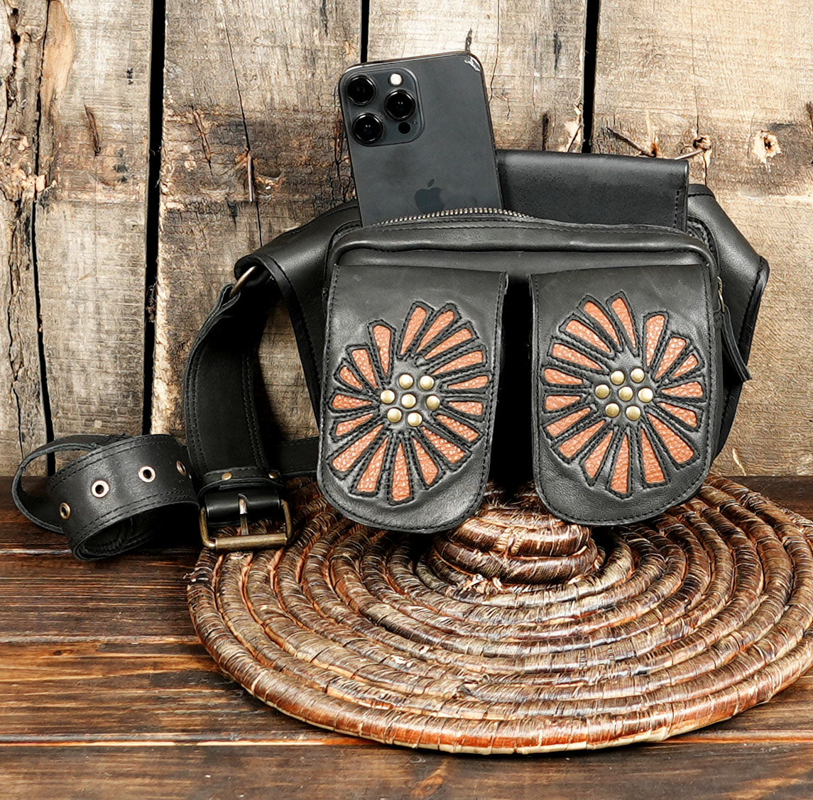 Bohemian leather belt pouch handmade in USA