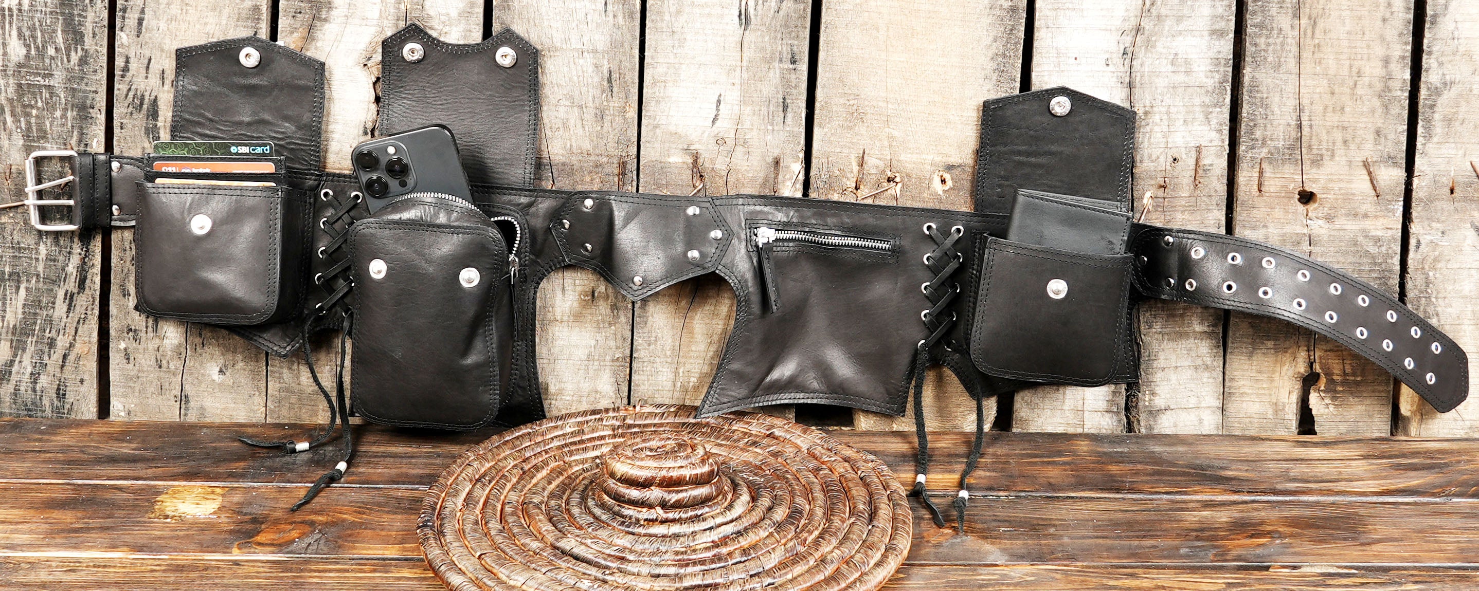 Handmade Leather Gemstone Waist Belt: Festival Boho Pouch with multiple pouches 