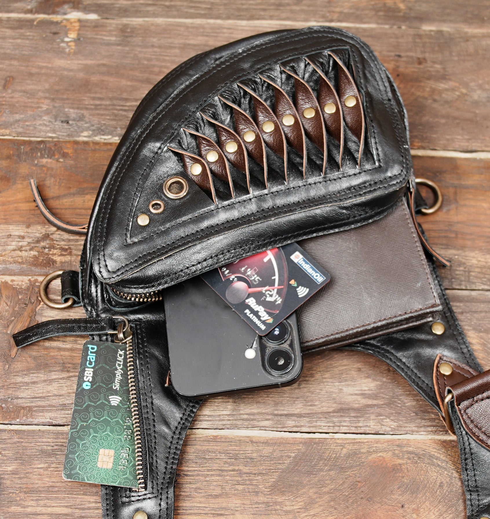 Handmade from premium leather in black & brown tones