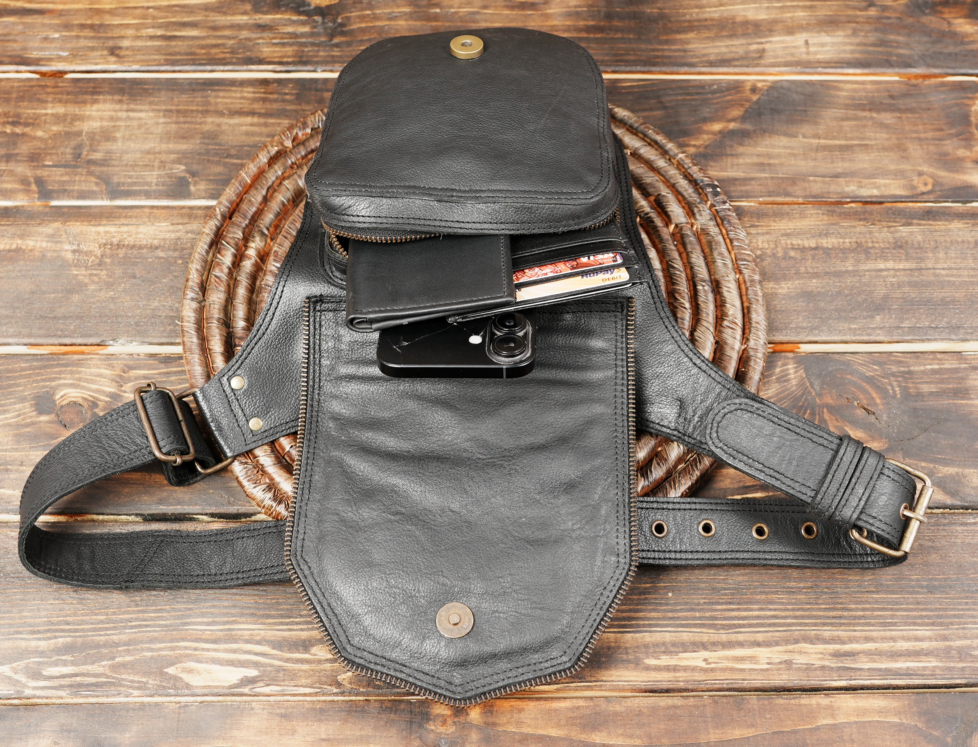 Leather festival hip bag with adjustable belt strap
