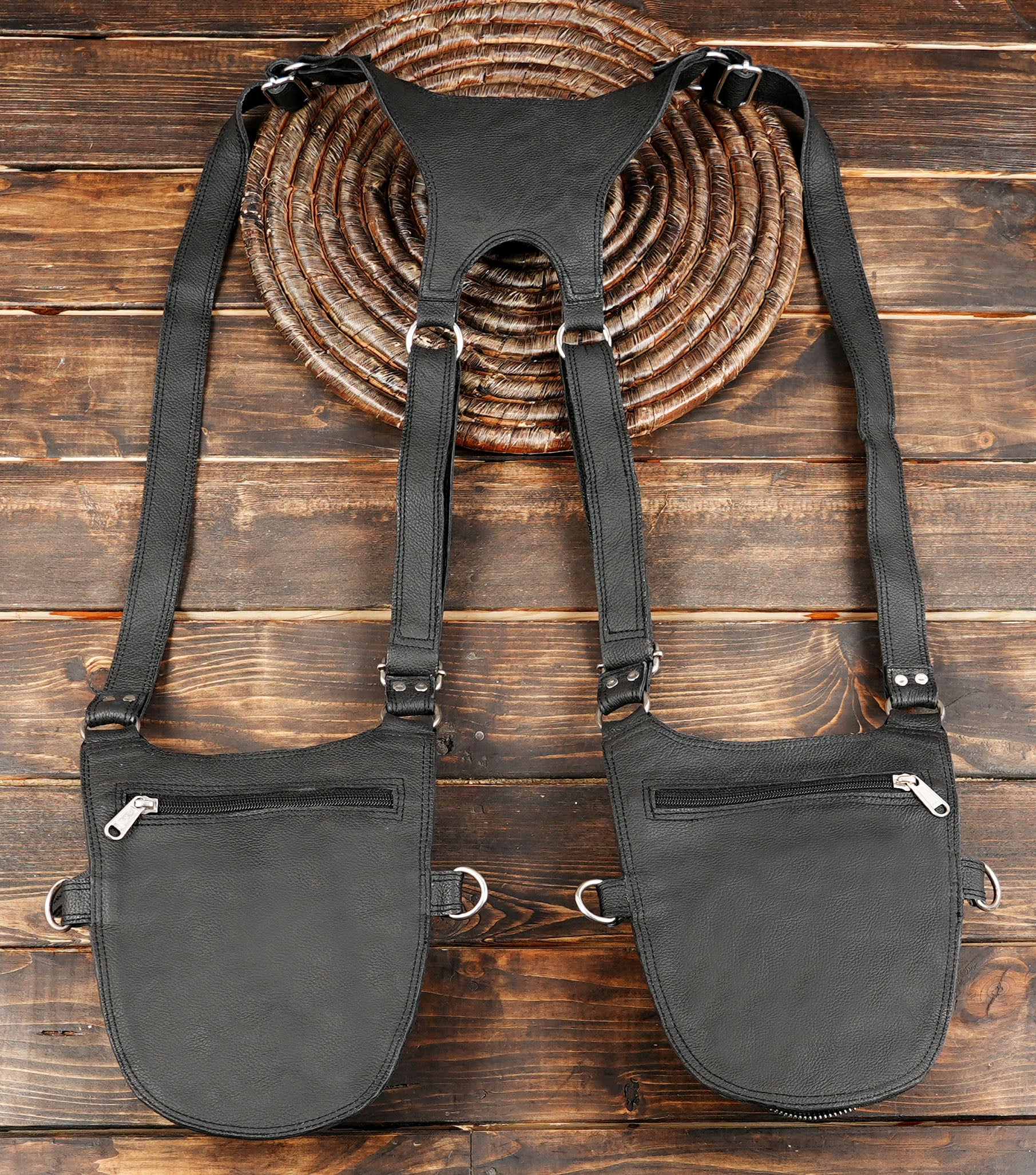 Handmade Leather Utility Holster: Gothic Steampunk Double Pouch with back side zipper 