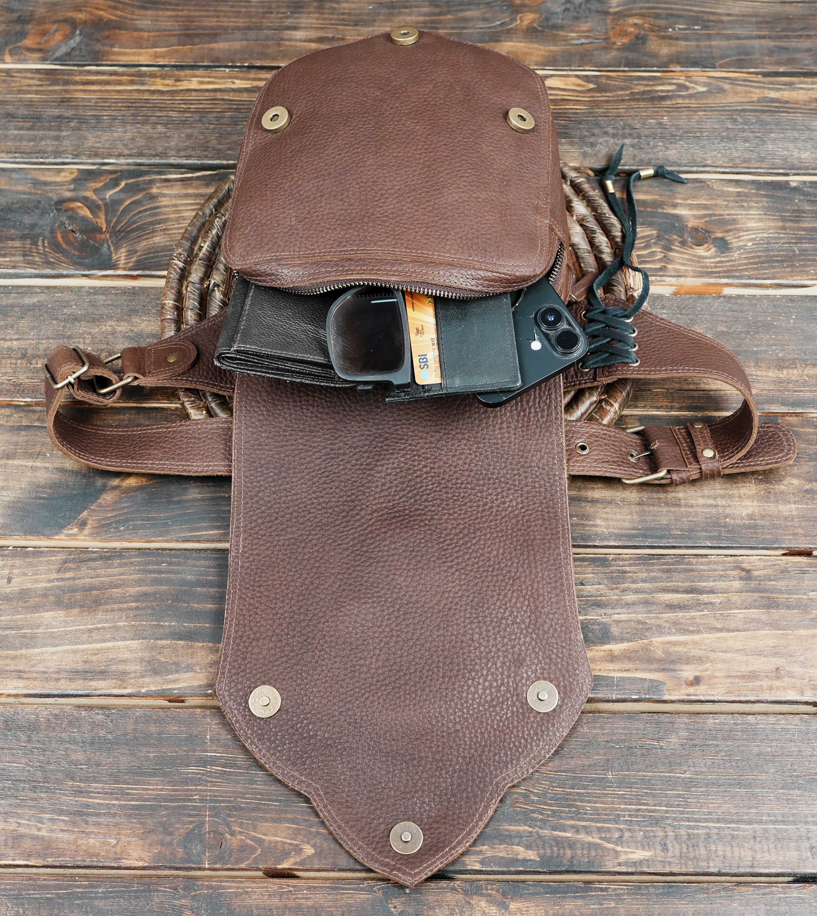 Boho festival leather waist belt bag with braided stone accent and rugged texture