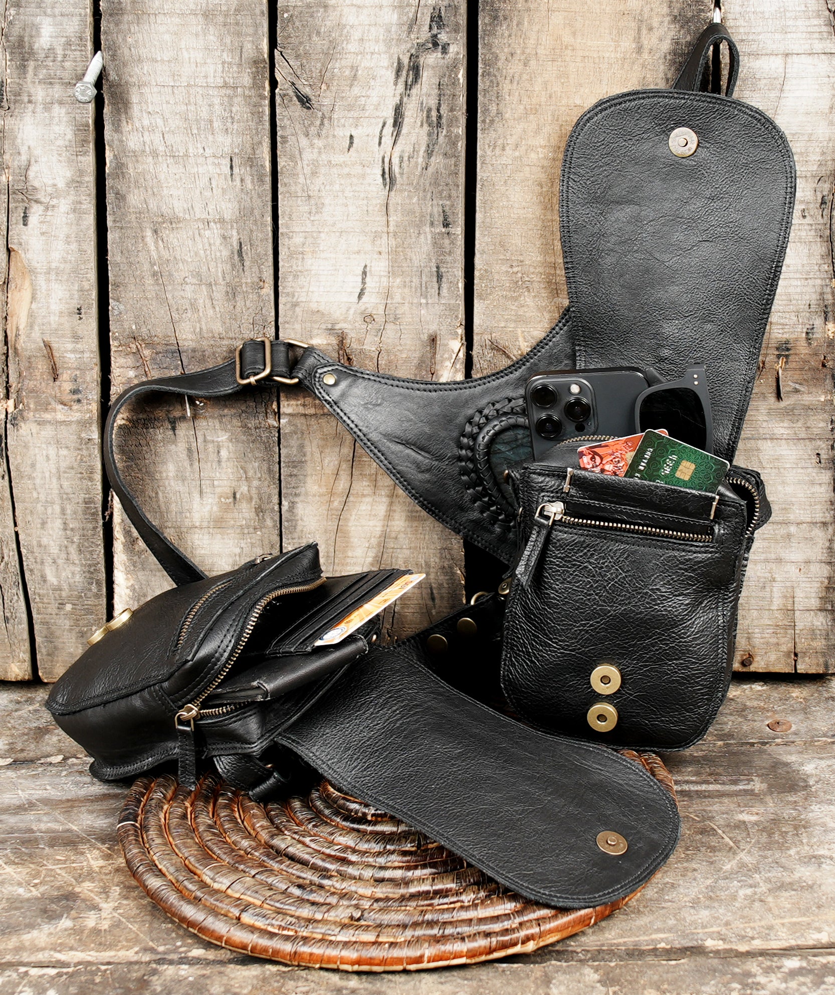 Black leather festival holster bag with double pouch design