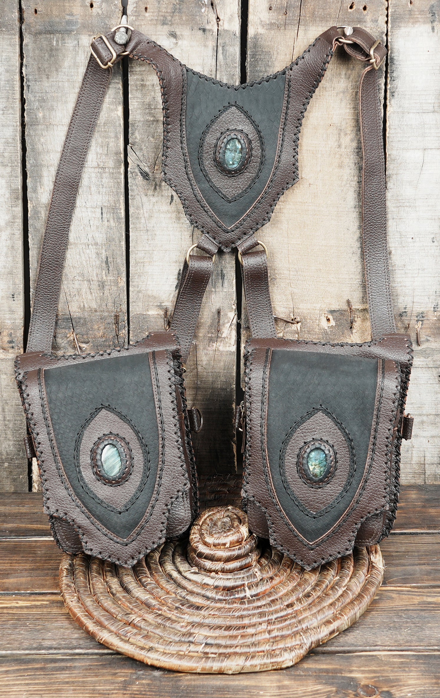 Handcrafted Dark Leather Dual Pocket Shoulder Holster With Stone Details || Tribal Style Dual Pocket Leather Harness With Decorative Stitching (LT/AB/HLS/6114)