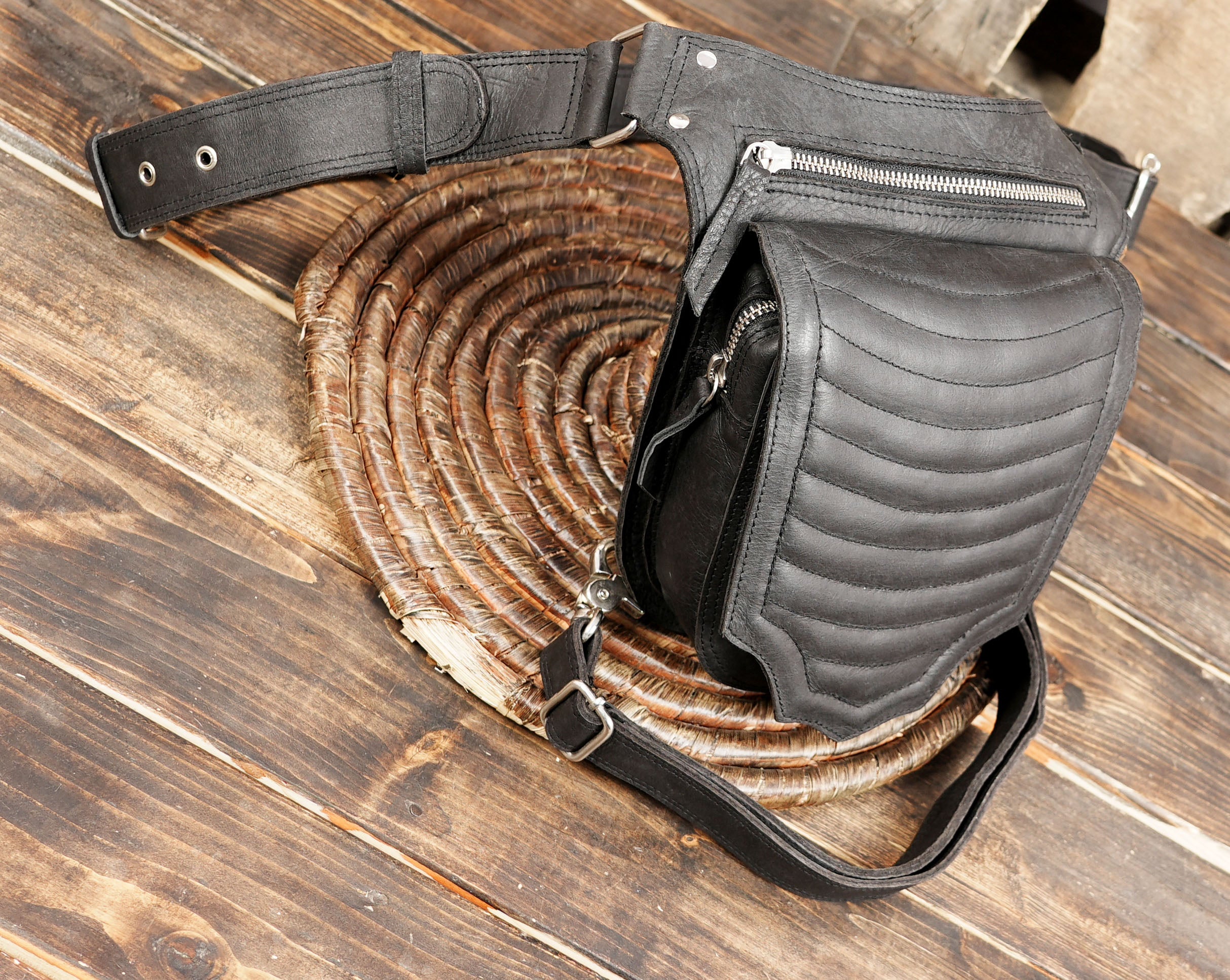 Handmade leather leg thigh belt with zip pocket.