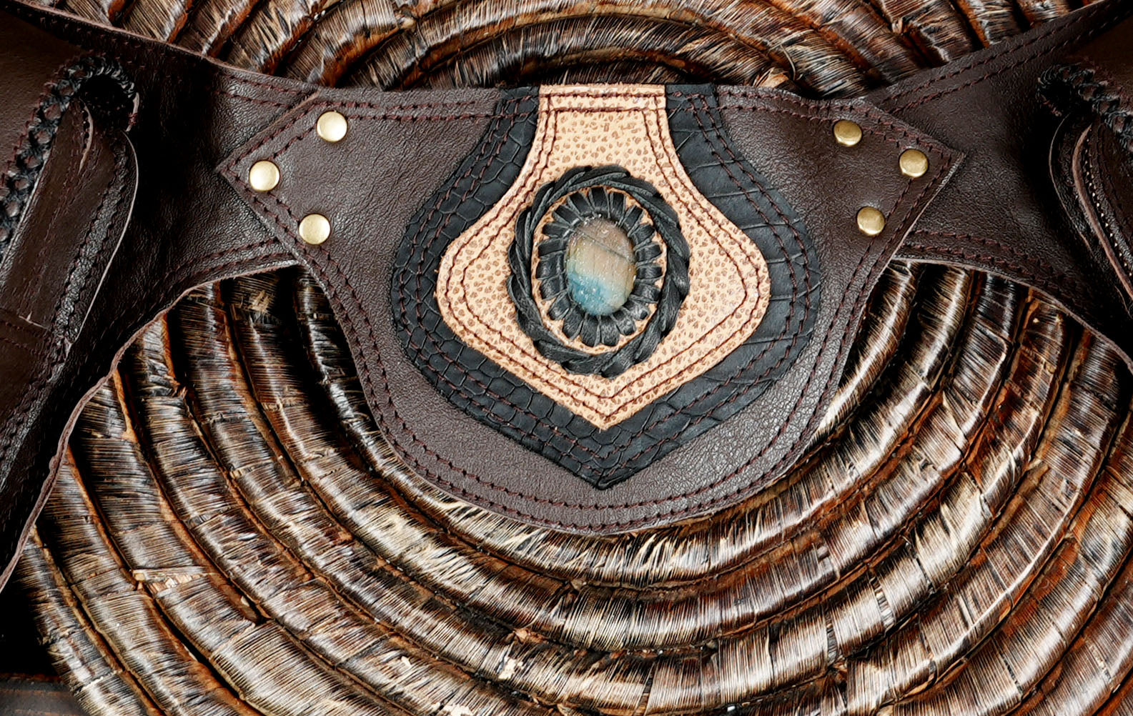 Women’s bohemian leather belt pouch with natural gemstone centerpiece