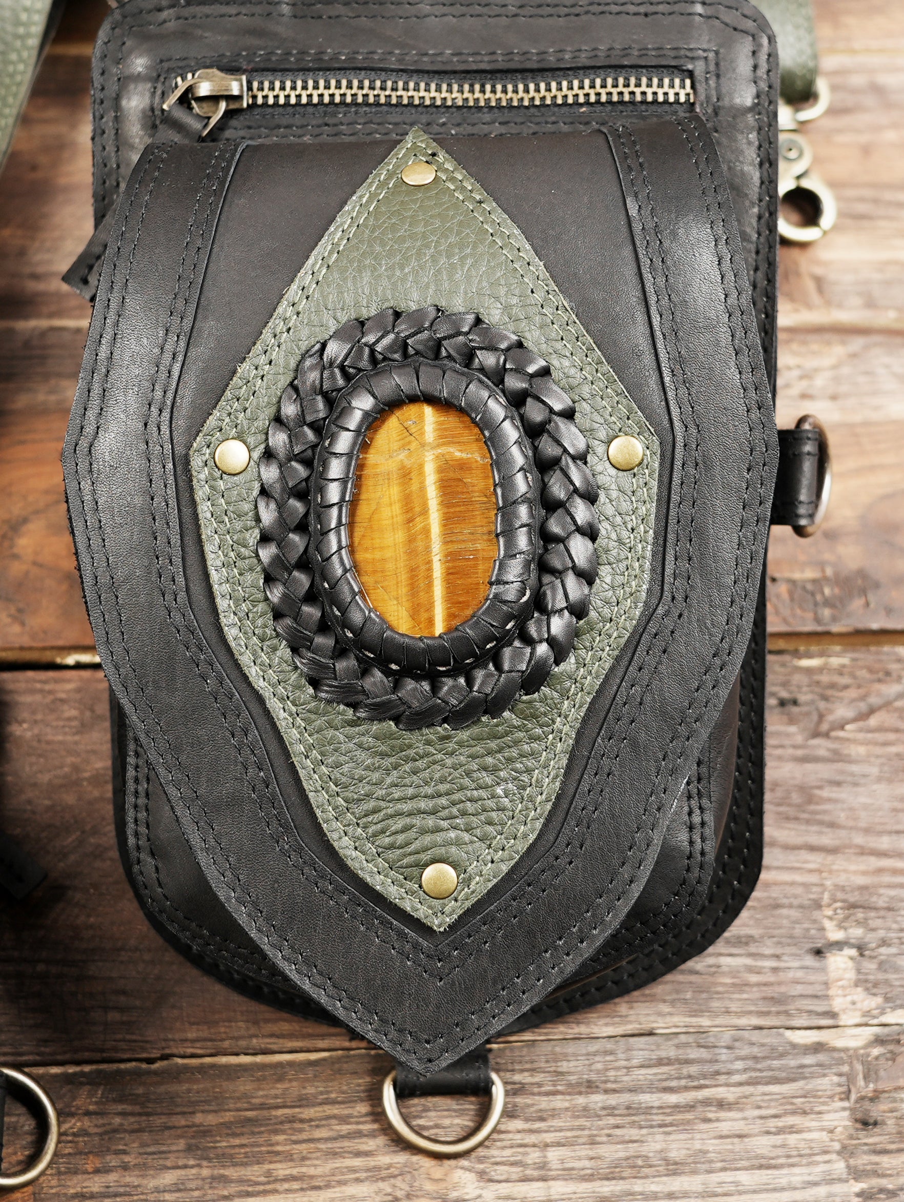 Handcrafted Black Leather Belt Bag with Gemstone Accents with front zipper 